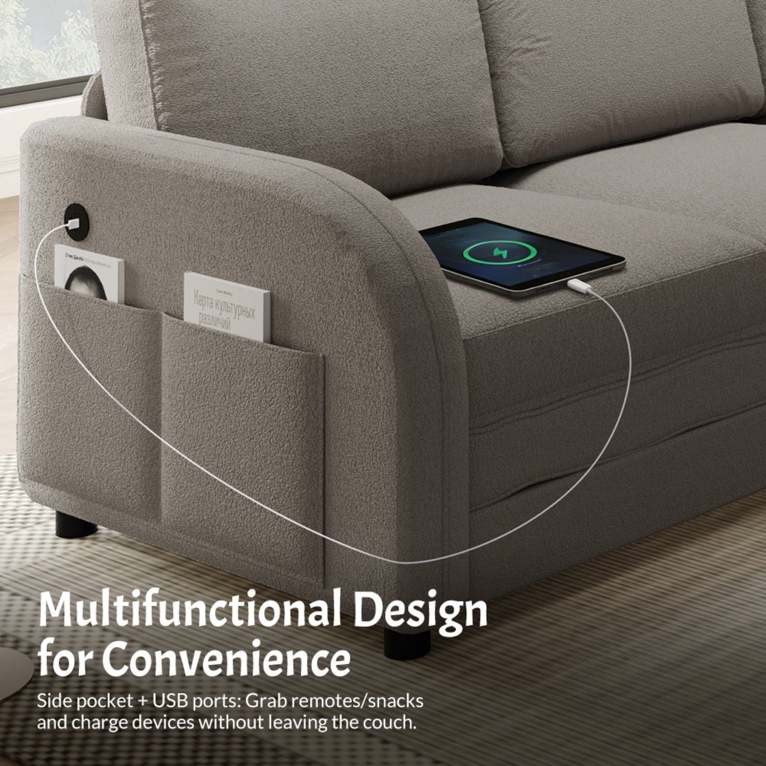 L-Shaped Couch With Pull-Out Bed, Convertible Sleeper Sofa With Side Pocket & USB Port