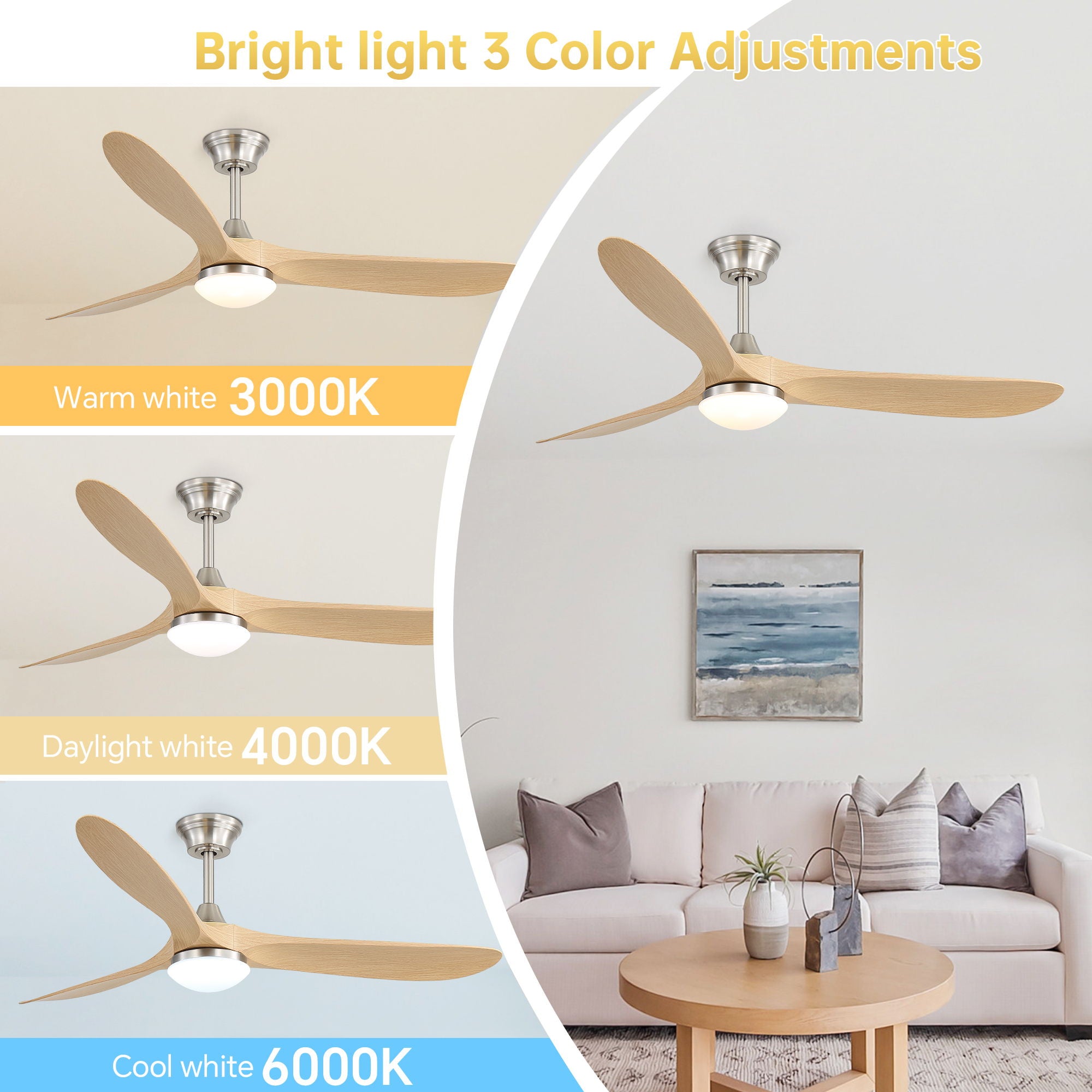Smart Ceiling Fan With Lights, 3 Blades, Reversible Quiet DC Motor For Indoor