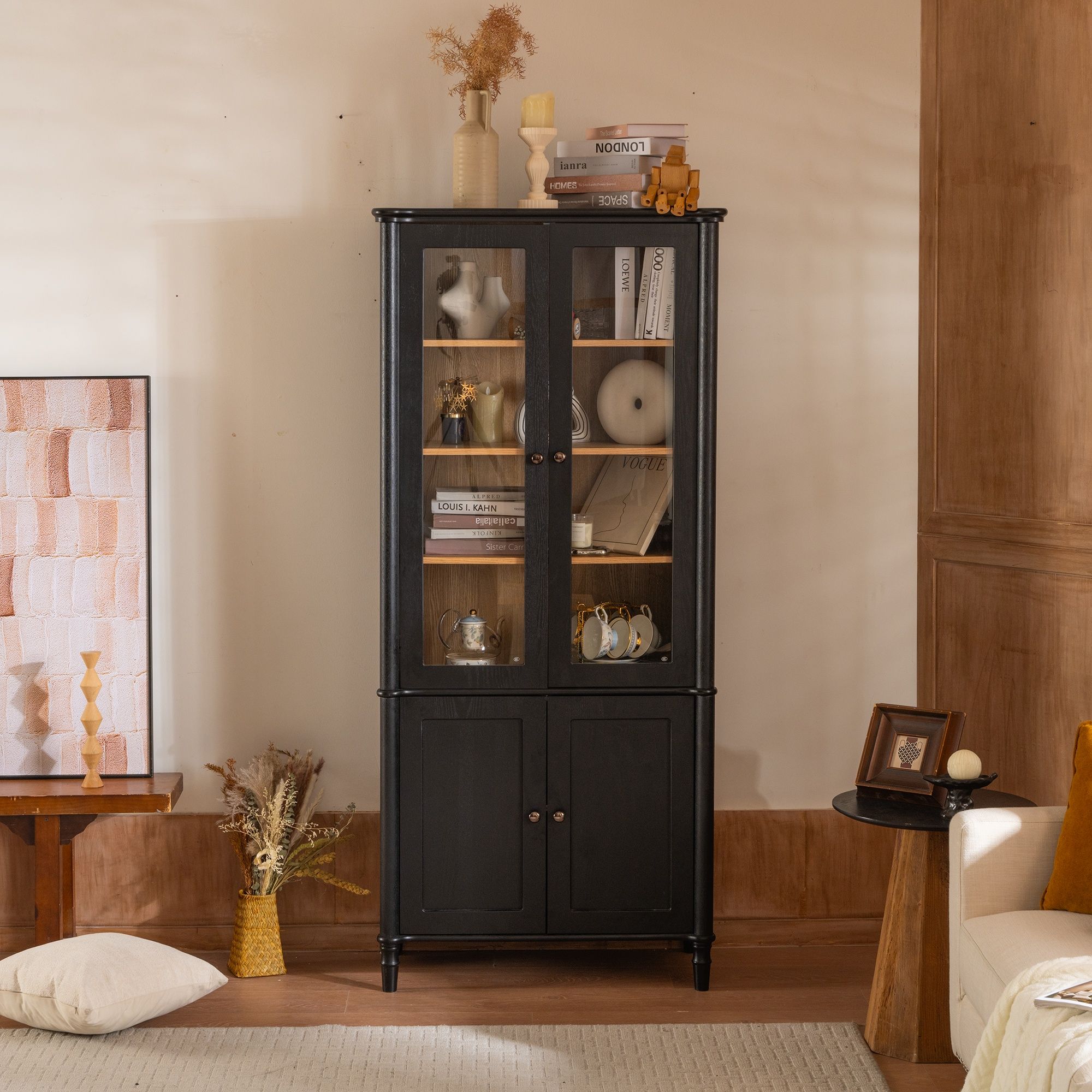 Vintage Display Cabinet With Double Glass Doors, Traditional Style For Collectibles, Ash Wood Veneer, 73.25" Tall - Black / Natural