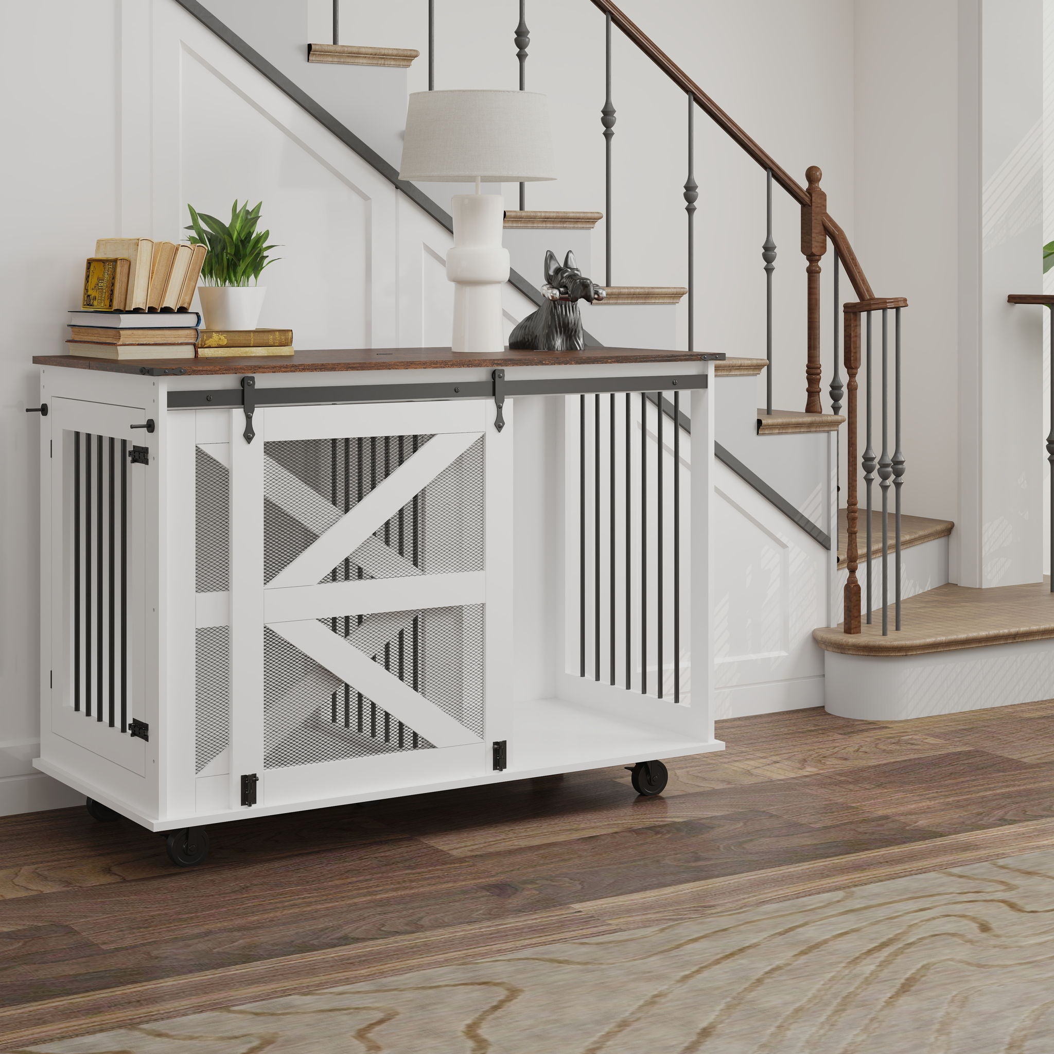 Mobile Dog Crate With Flip Top Feeding Door, Dual Access & 5 Caster System (2 Locking) - Brown White