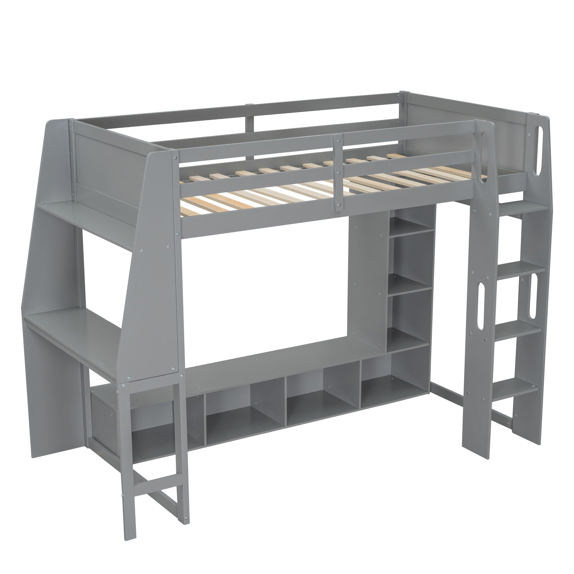 Gaming Loft Bed With Desk, Multi Storage Shelves, LED Lighting, And Hanging Clothes Rack