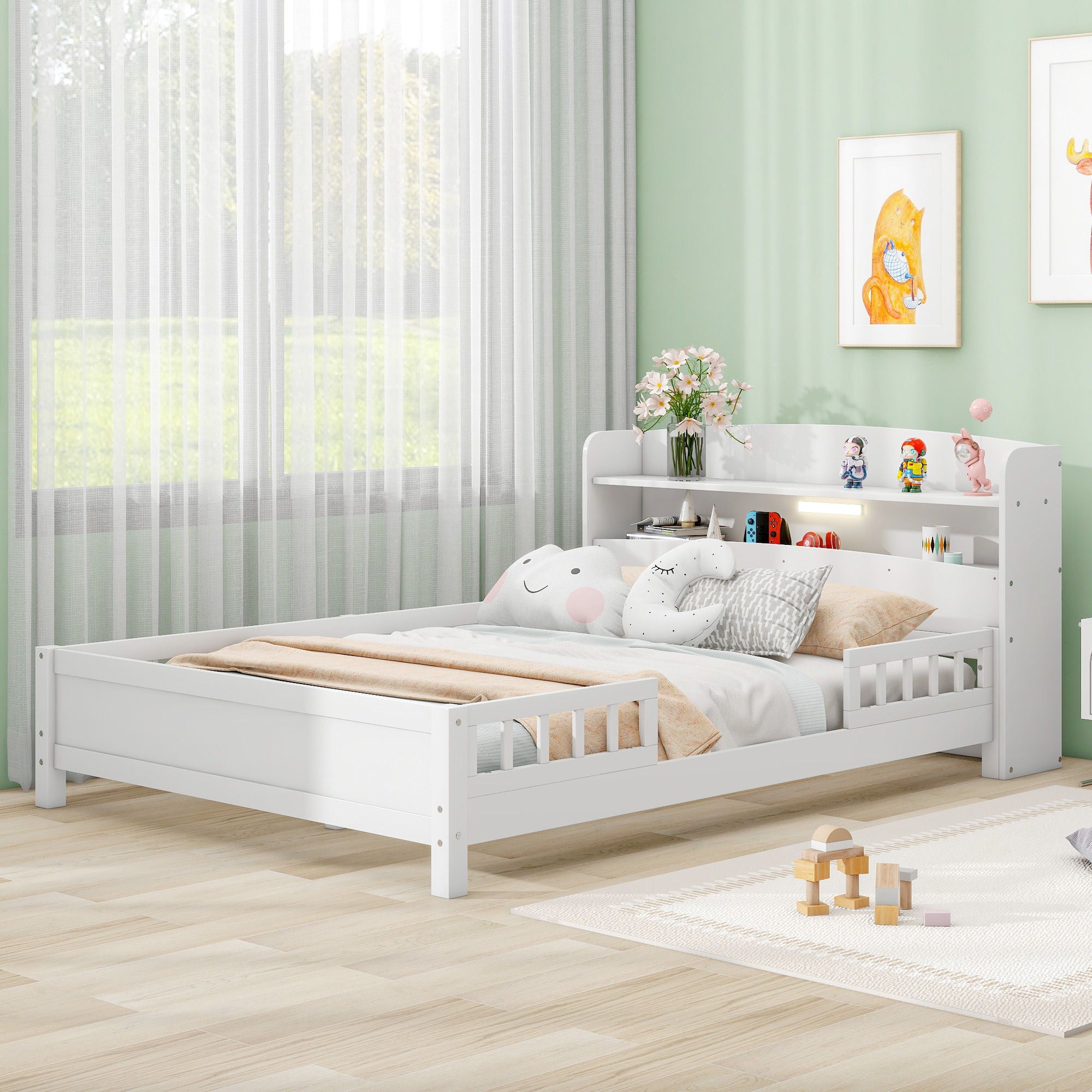 Wood Platform Bed With Built In LED Light, Storage Headboard And Guardrail