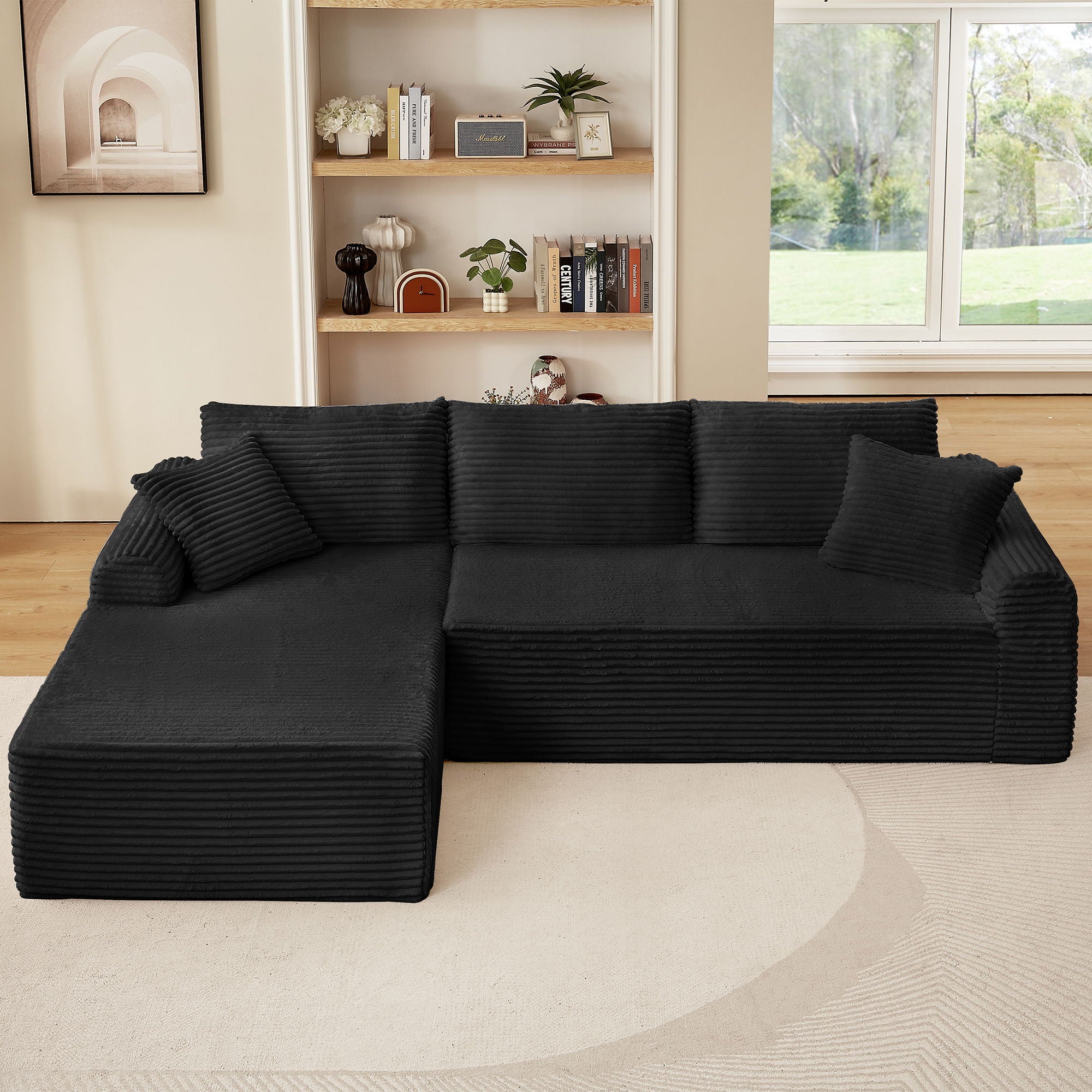Modular Sectional With Arched Armrests, Includes 3 Back Cushions & 2 Throw Pillows