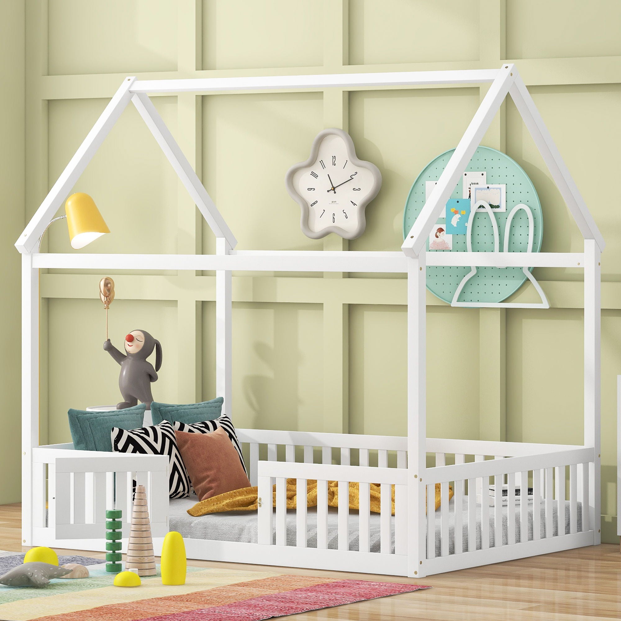 Wood House Bed With Fence And Door