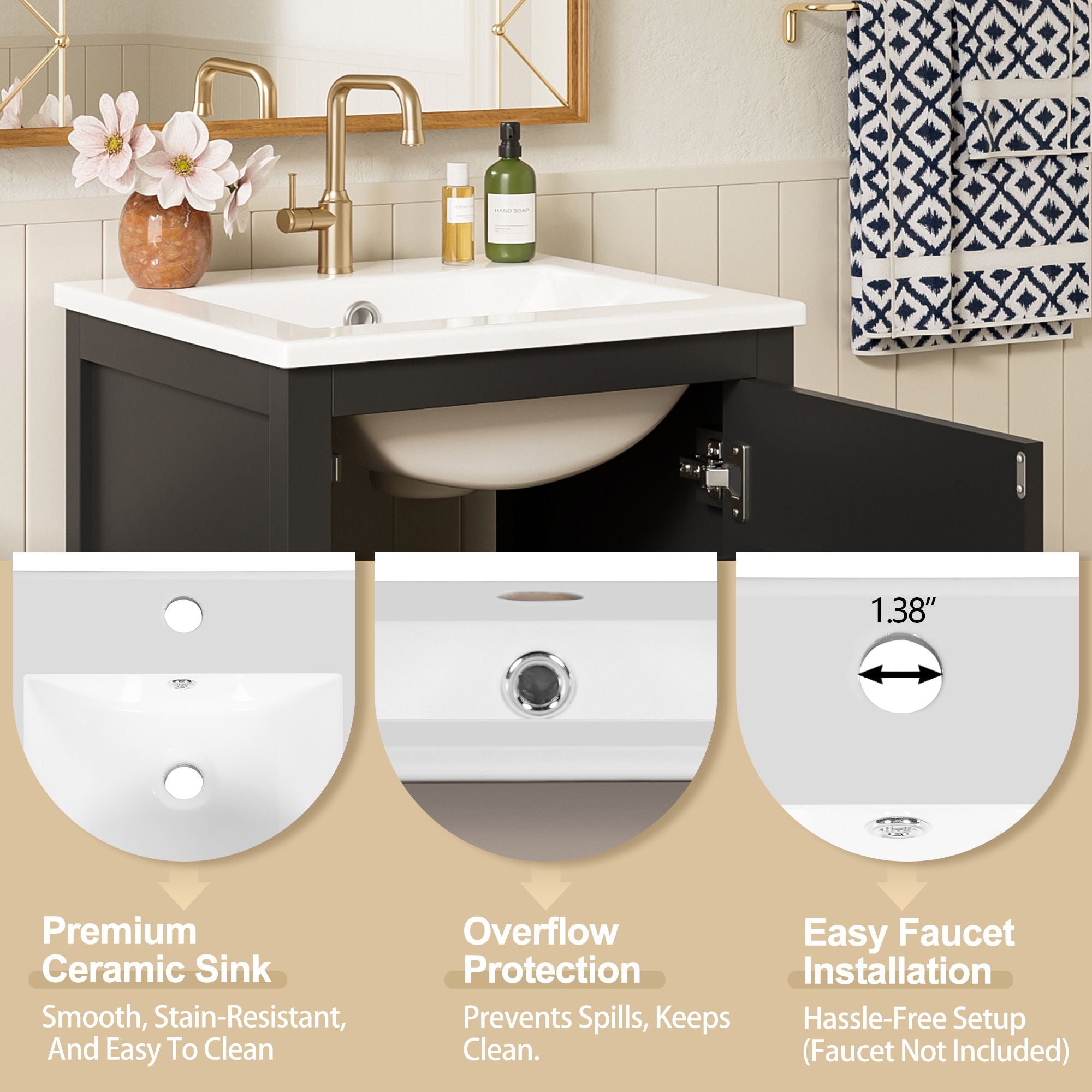 Bathroom Vanity With Ceramic Sink, Soft Close Drawers, Door Organizer, Divider Drawer, Adjustable Foot Pads