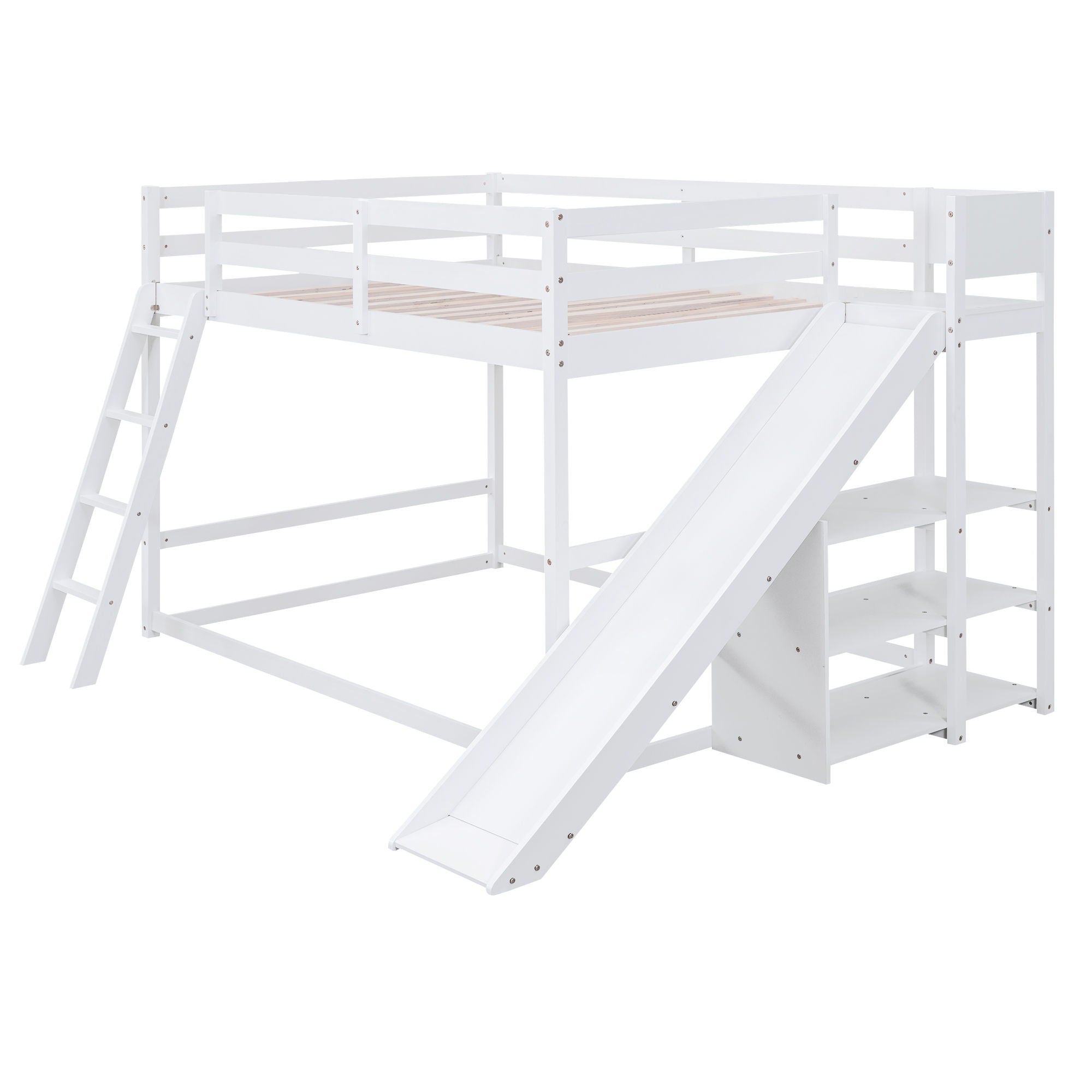 Bunk Bed With Ladder, Slide, And Shelves Pine Wood