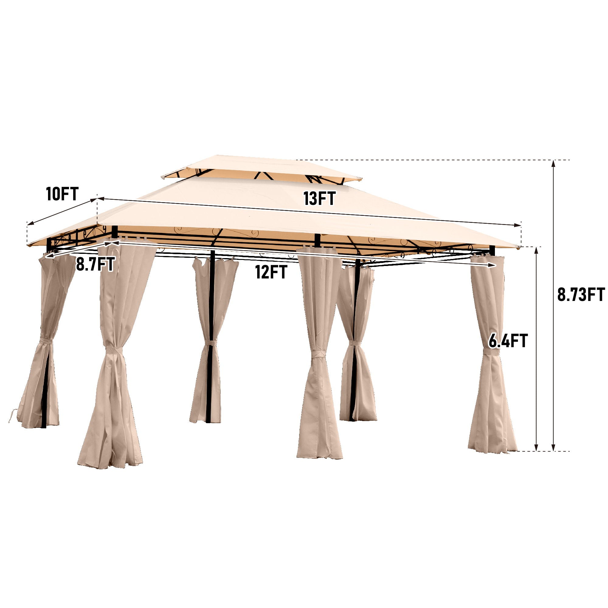 Outdoor Patio Gazebo Tent With Ventilated Double Roof And Sidewall