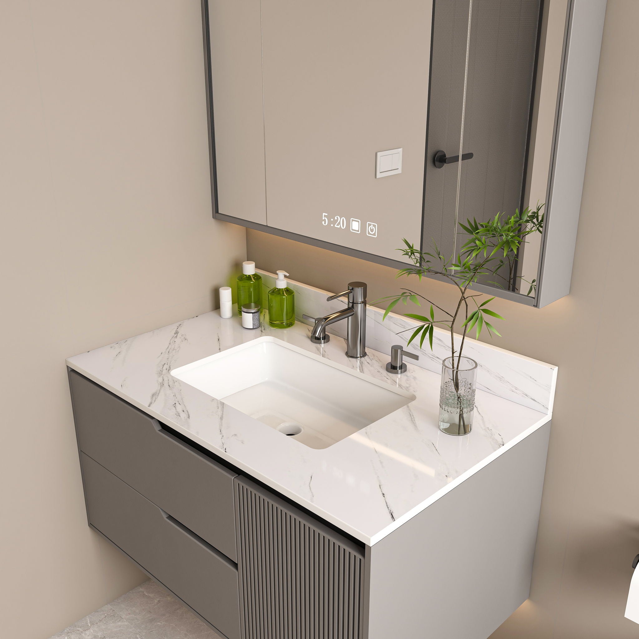 Bianco Carrara Venato Elegant Marble Vanity Top, Bathroom Vanity With Undermount Sink, Sintered Stone