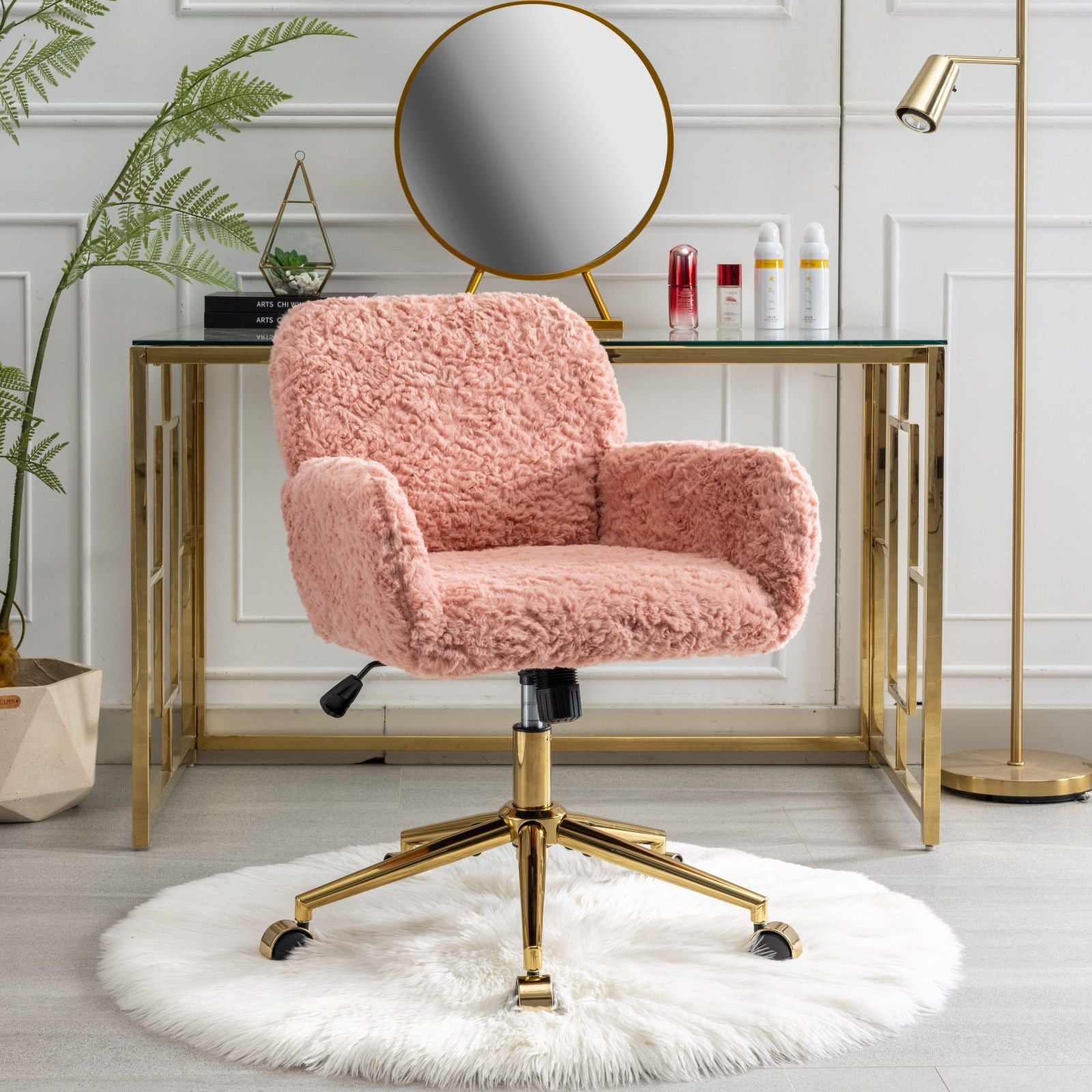 Office Chair, Artificial Rabbit Hair Home Office Chair With Metal Base, Adjustable Desk Chair Swivel Office Chair, Vanity Chair