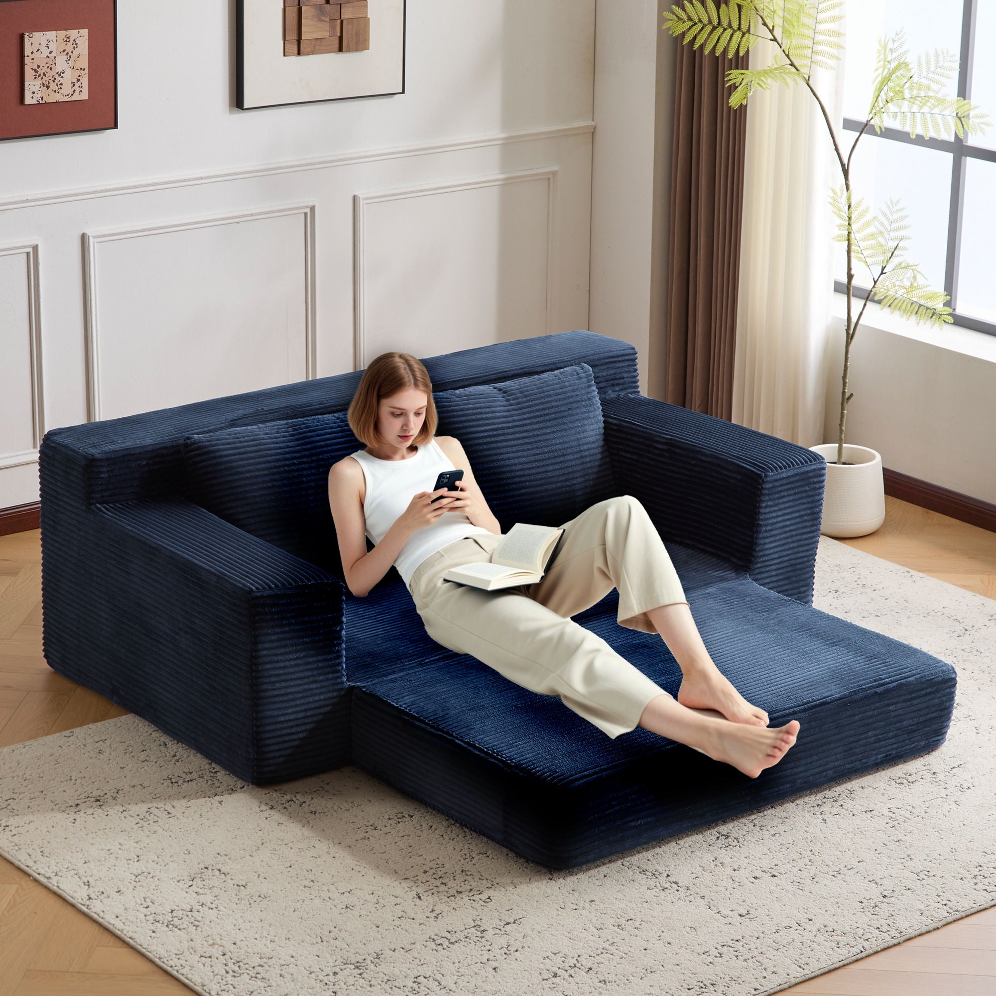 Comfortable Deep Seat Loveseat Sofa Bed, Reversible Cushion With Pillows