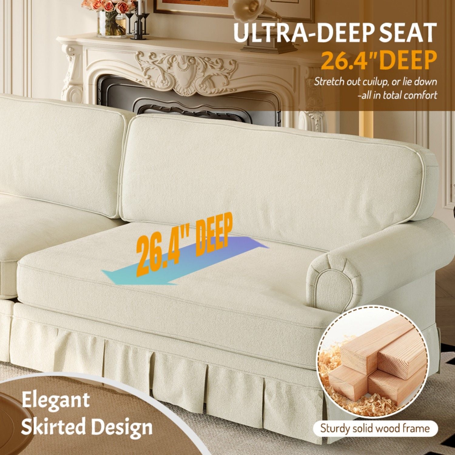 Luxuriously Comfortable Cloud Couch With Elegant Rolled Arms & Pleated Skirt Design