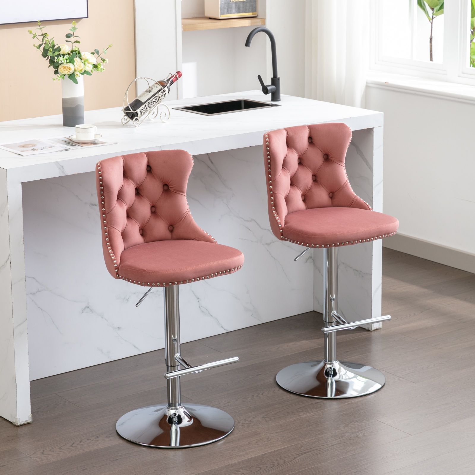 Swivel Barstools Adjusatble Seat Height From 25-33", Modern Upholstered Base Bar Stools With Backs Comfortable Tufted For Home Pub And Kitchen Island (Set of 2)