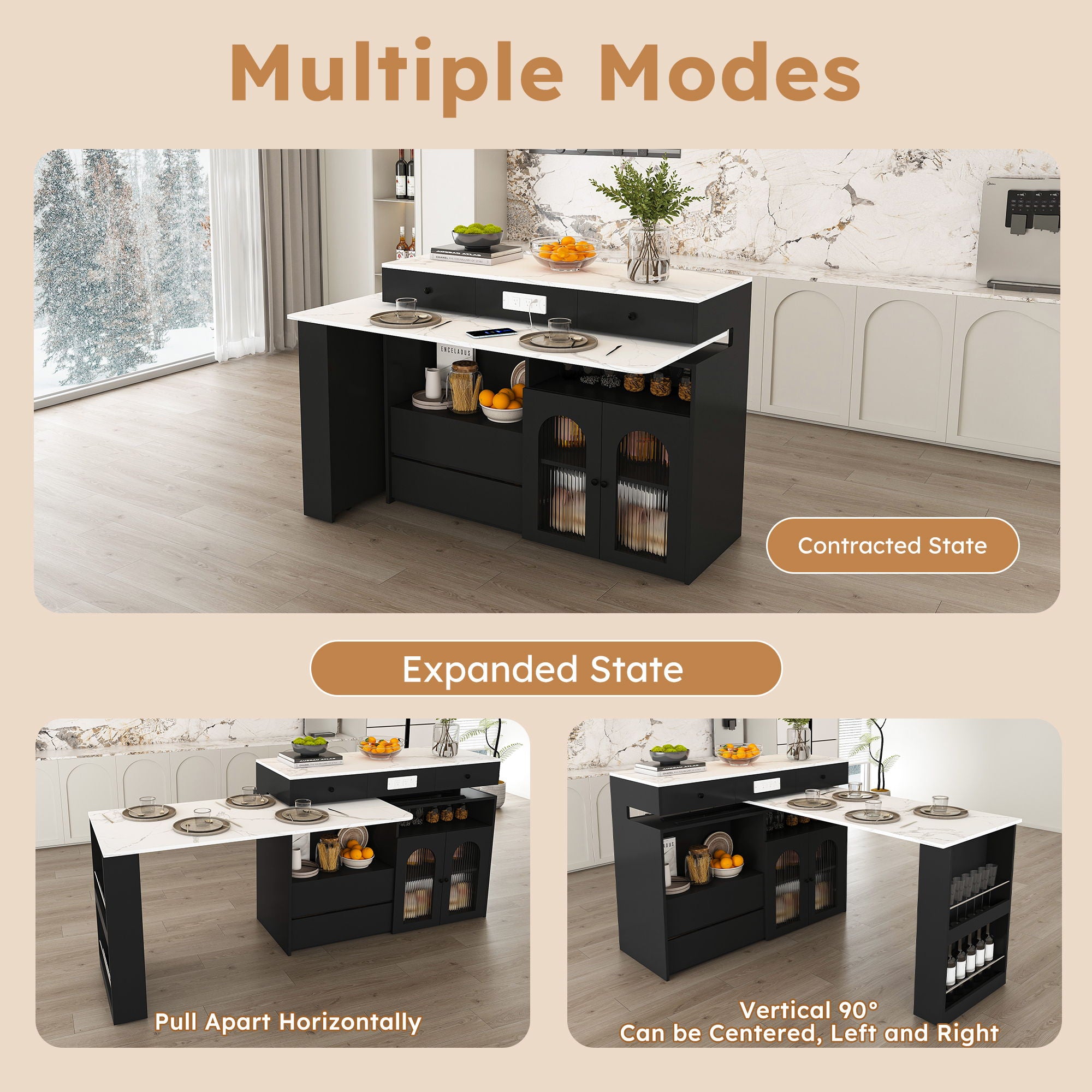 Kitchen Island With Extendable & Rotating Table