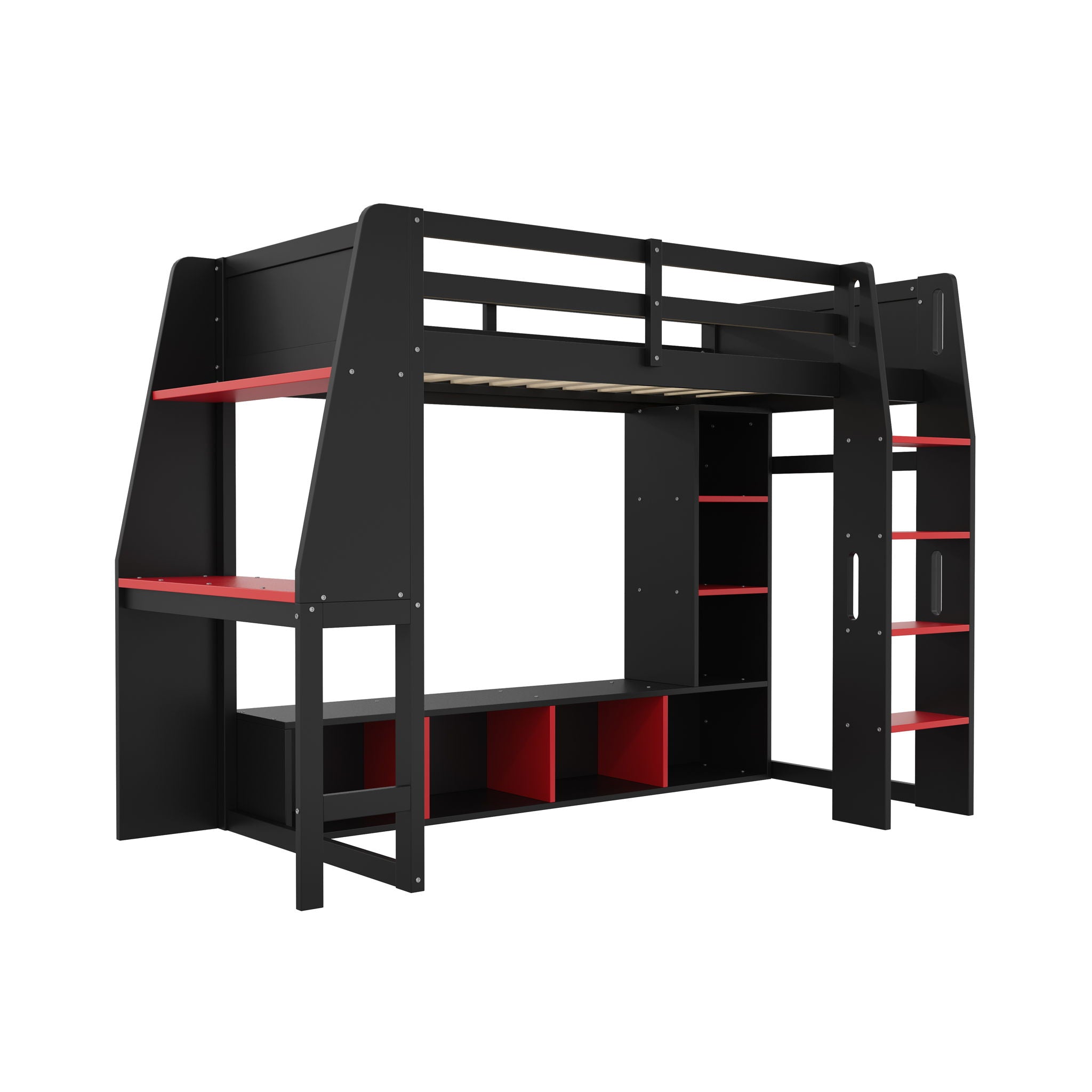 Gaming Loft Bed With Desk, Multi Storage Shelves, LED Lighting, And Hanging Clothes Rack