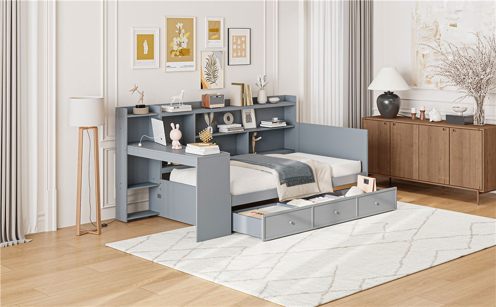 Daybed With 3 Drawers USB Ports And Desk