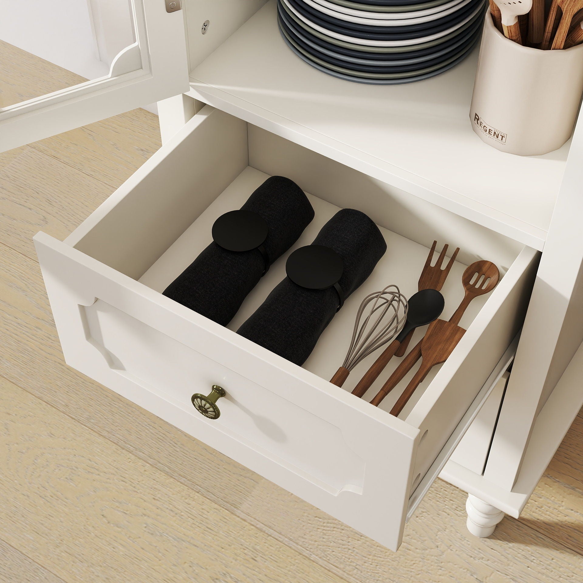 Minimalism Buffet Cabinet With Glass Doors And Double Drawer