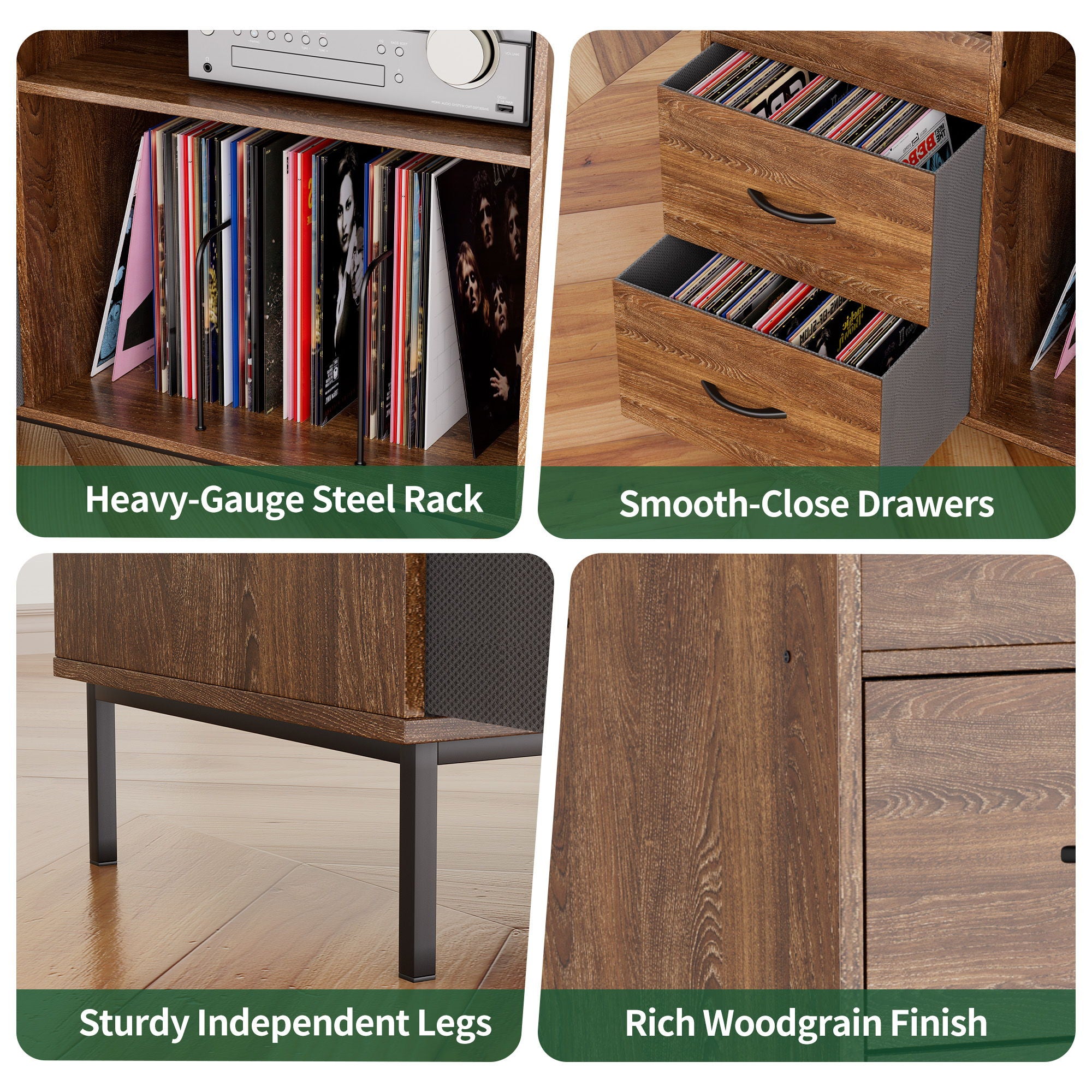 Grain Record Player Stand, Media Console With Speaker Shelf & 2 Drawers