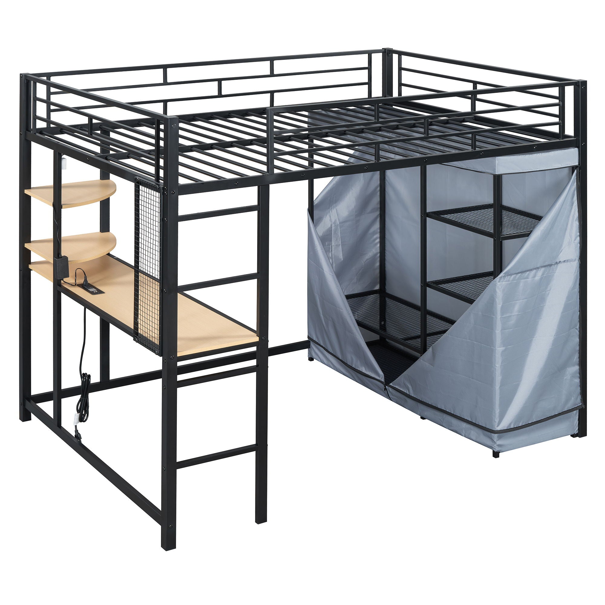 Loft Bed With Desk, Shelves, Power Outlet, LED Light And Wardrobe