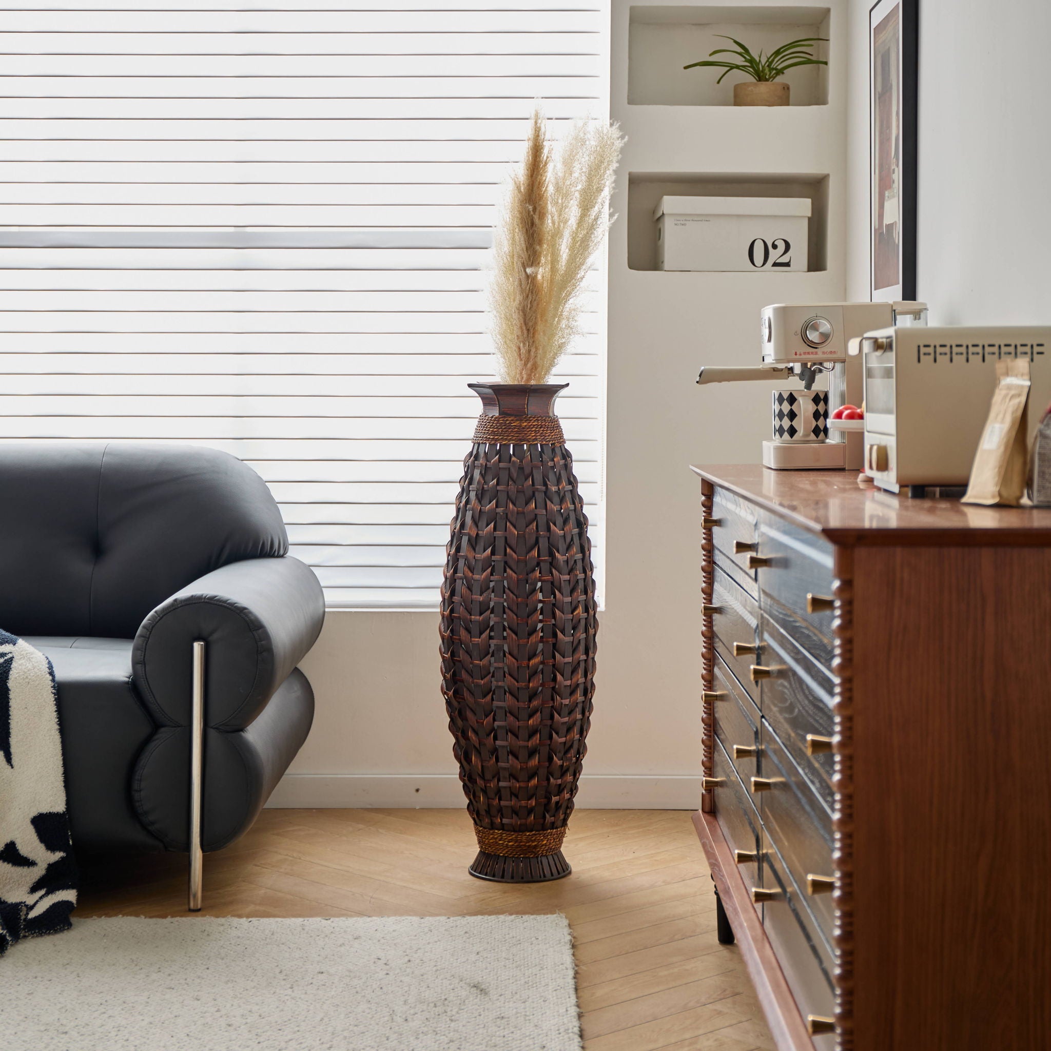Hand Woven Bamboo Floor Vase, Decorative Accent For Living Room - Acacia Wood