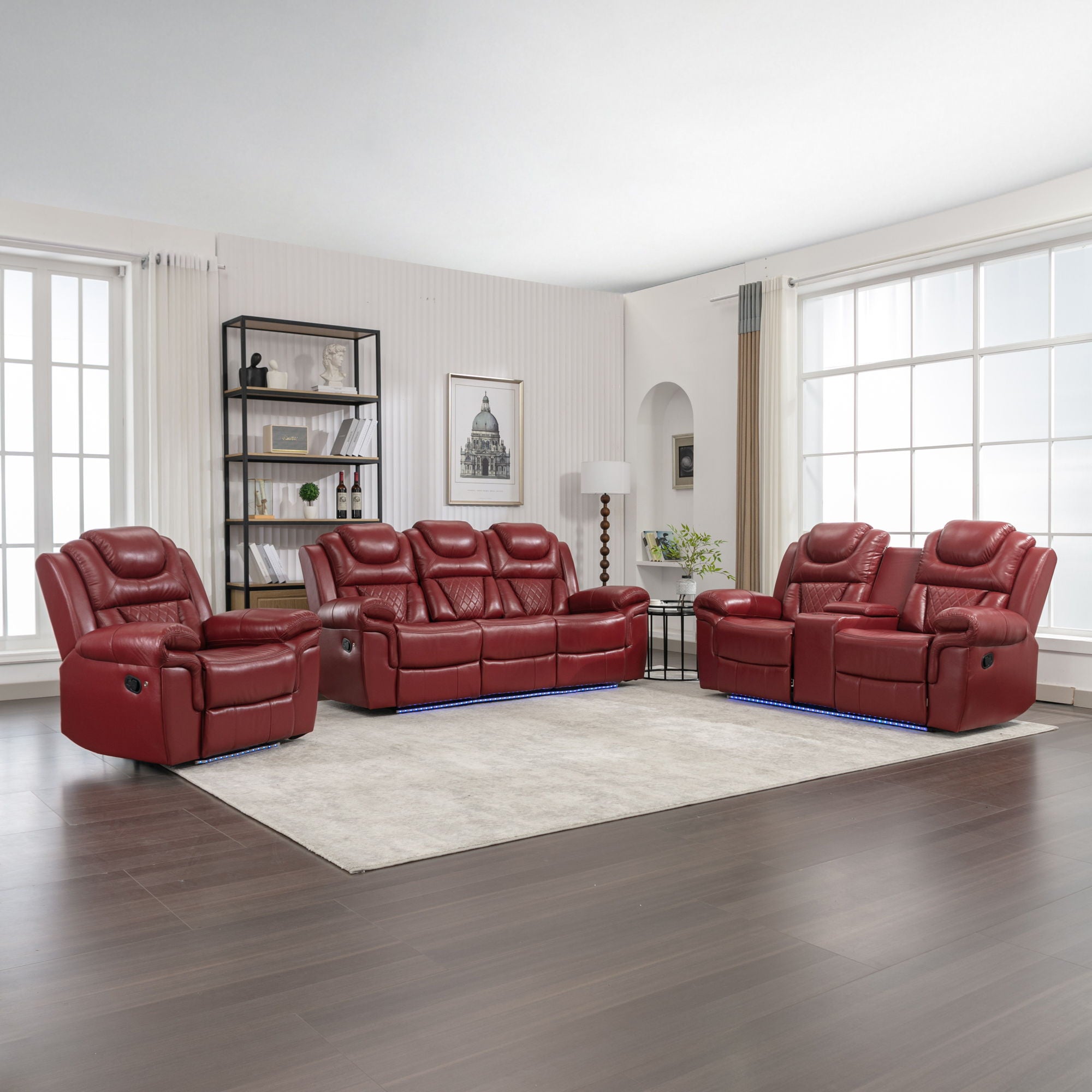 3 Pieces Recliner Sofa Sets Home Theater Seating Manual Recliner Chair With Center Console And LED Light Strip For Living Room
