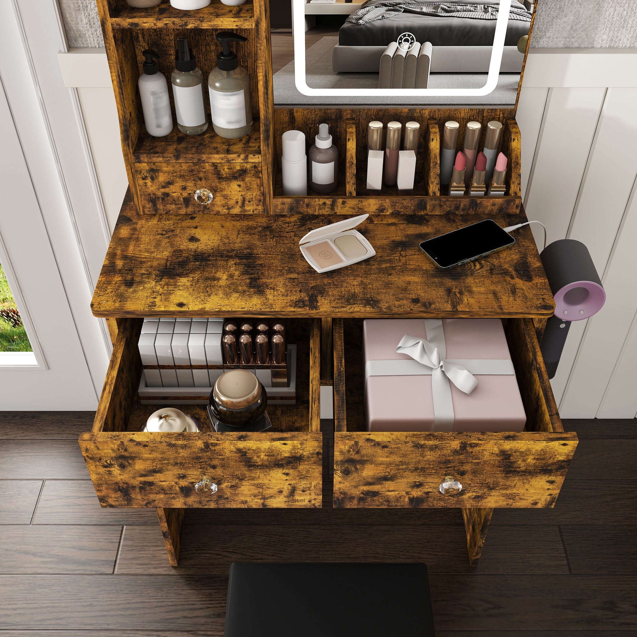 Modern Small Vanity Desk With 3 LED Lighting Modes, 3 Drawers