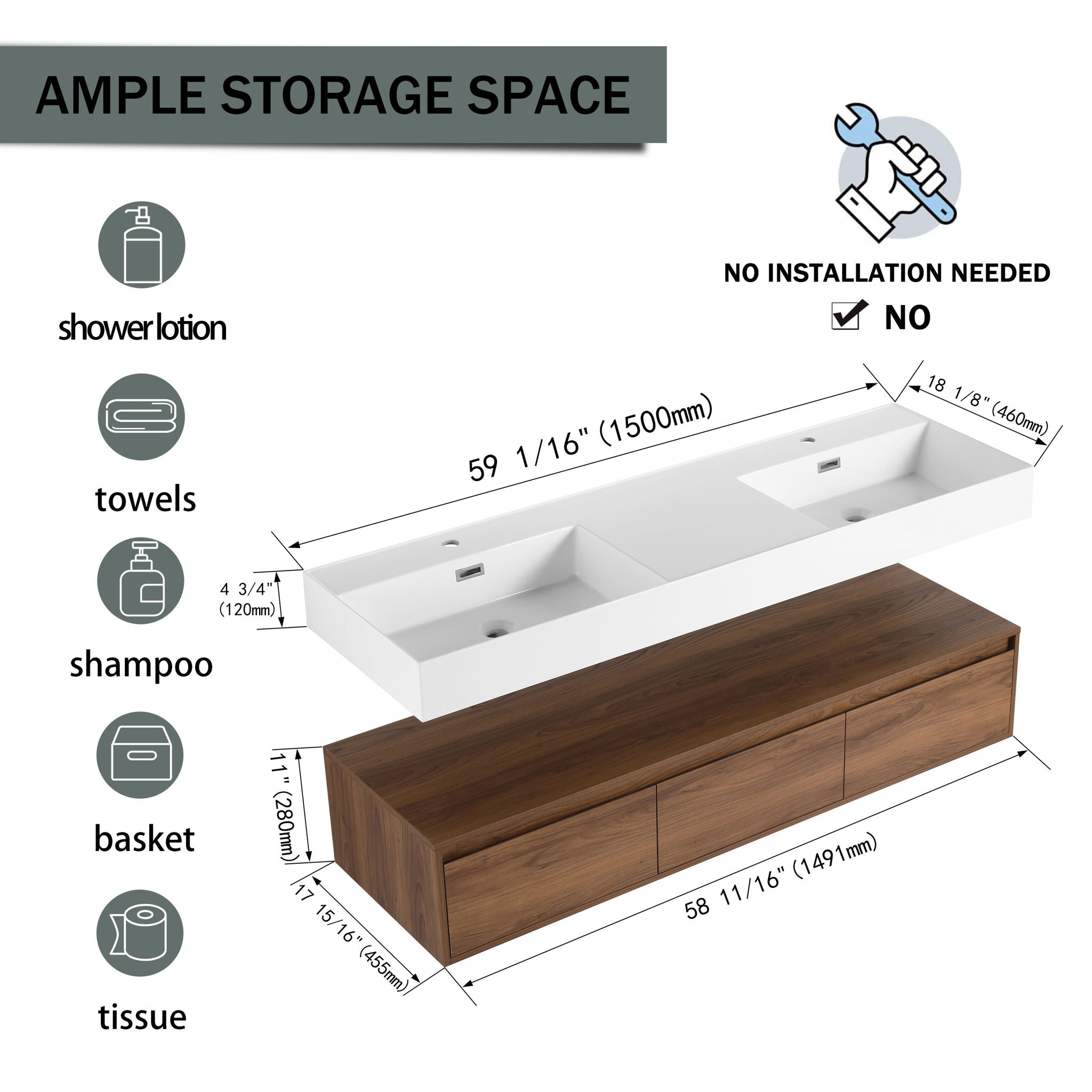 Contemporary Wall Mounted Bathroom Vanity With Dual Resin Sink And Soft Close Drawer