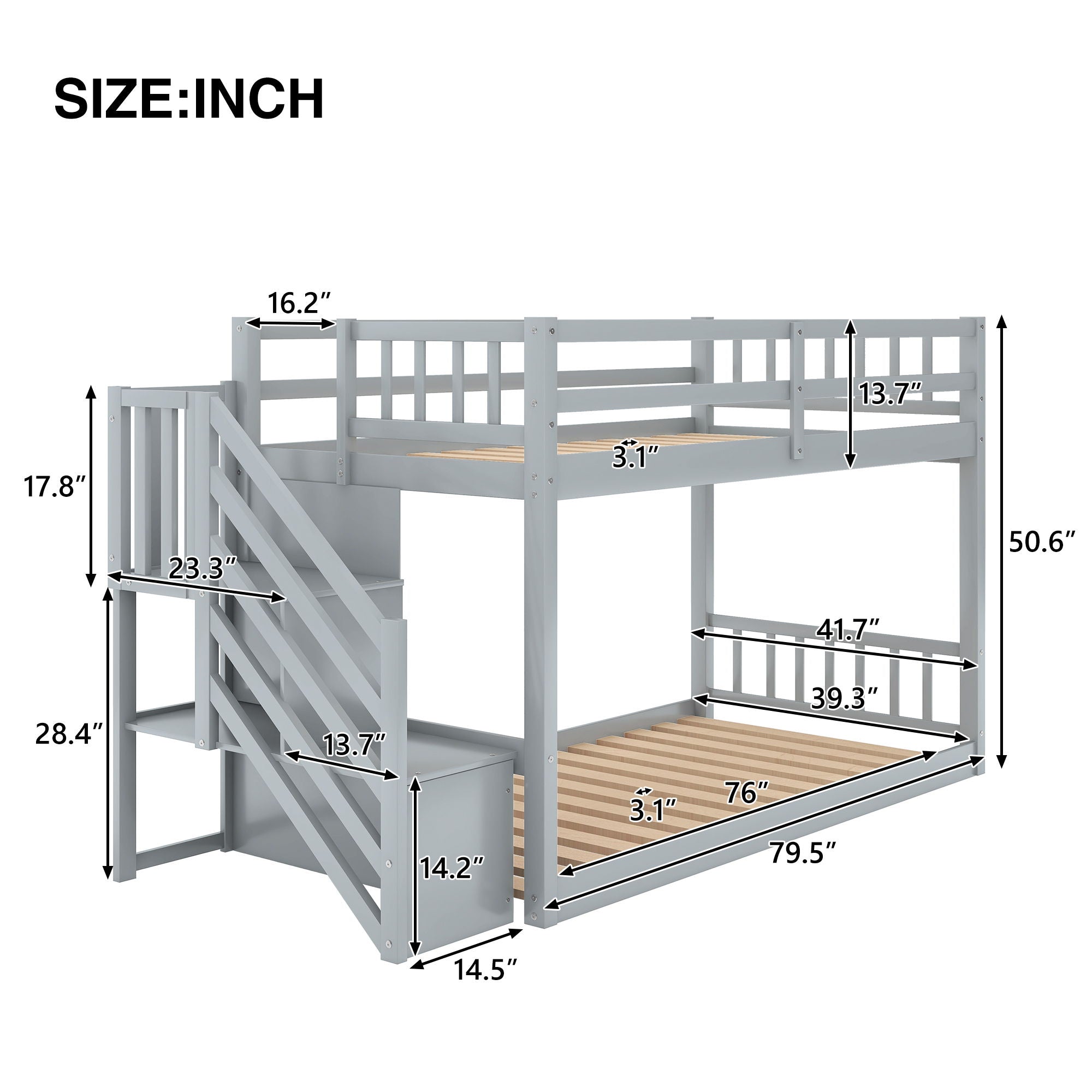Norset - Twin Over Twin Floor Bunk Bed, Ladder With Storage