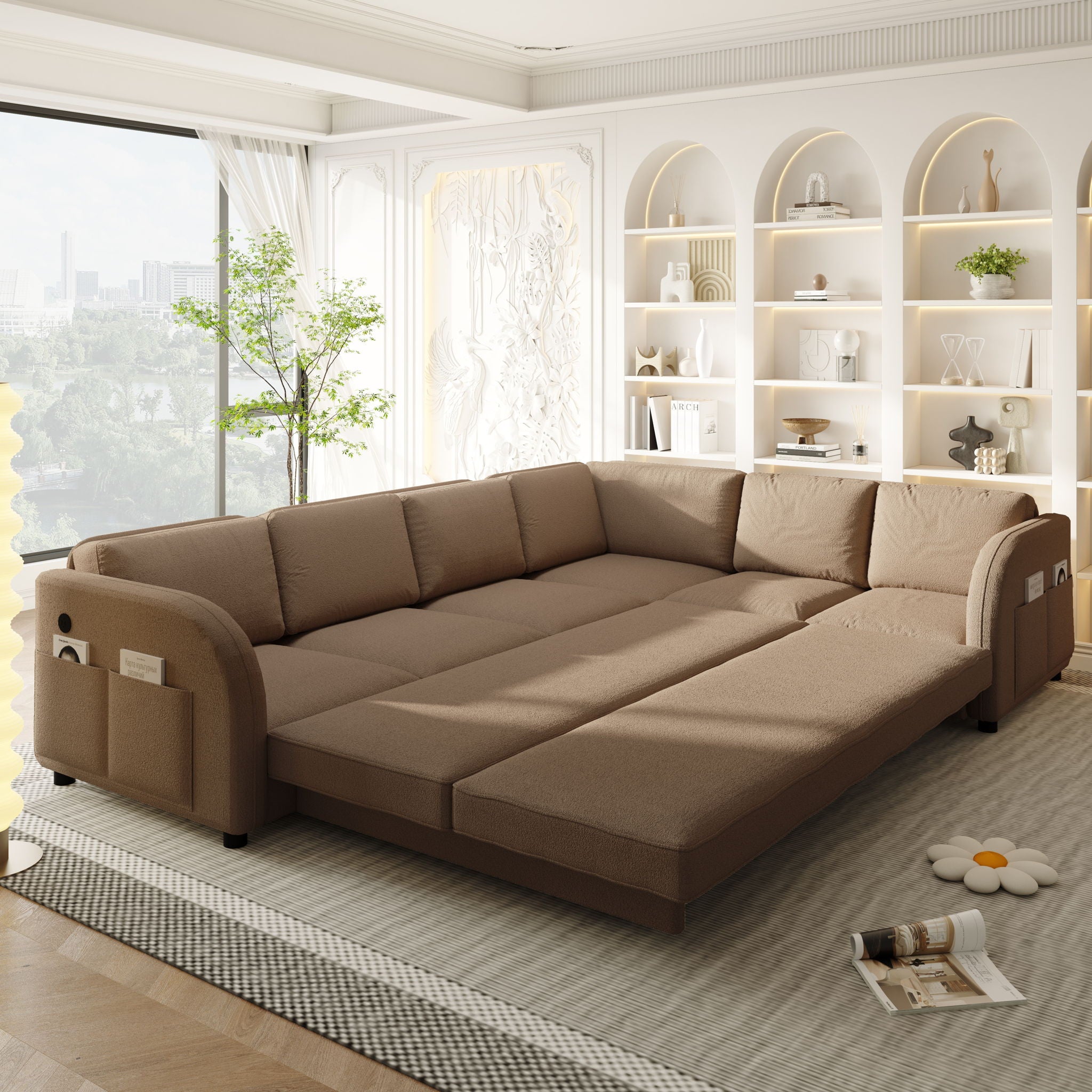 L-Shaped Couch With Pull-Out Bed, Convertible Sleeper Sofa With Side Pocket & USB Port