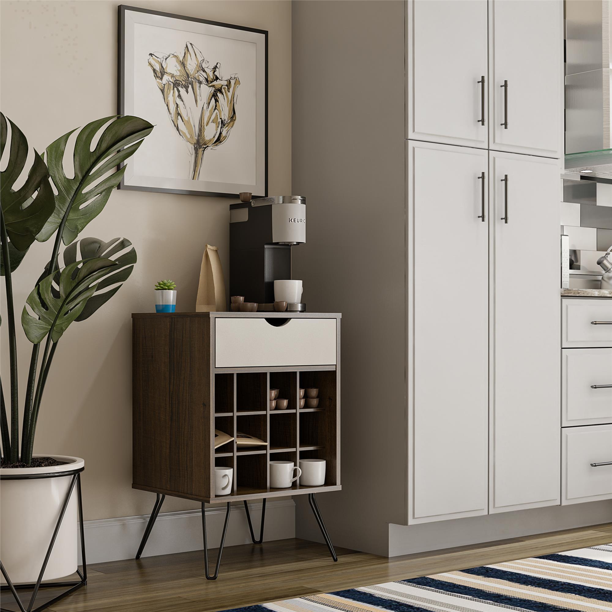 Beverage Storage Stand With 12 Bottle Cubbies And Drawer - Brown Oak