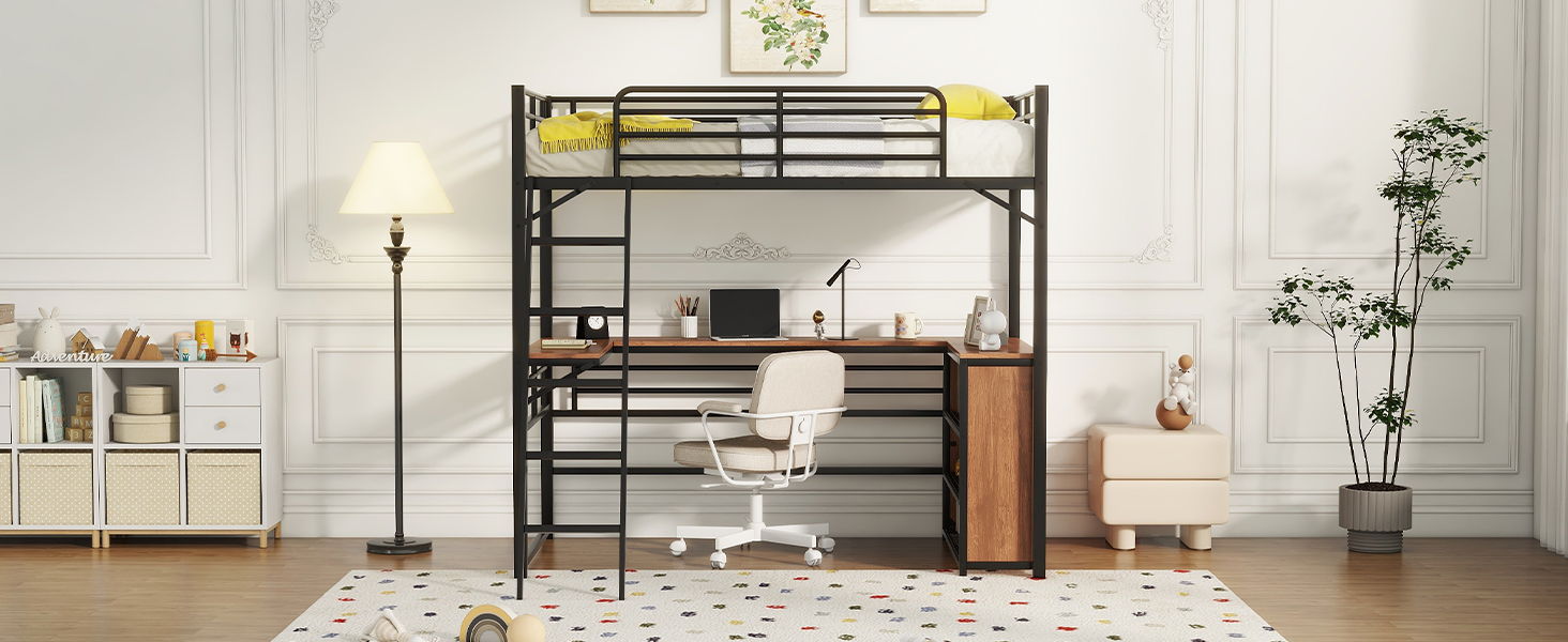 Loft Bed & 3 Layers Of Shelves And L-Shaped Desk
