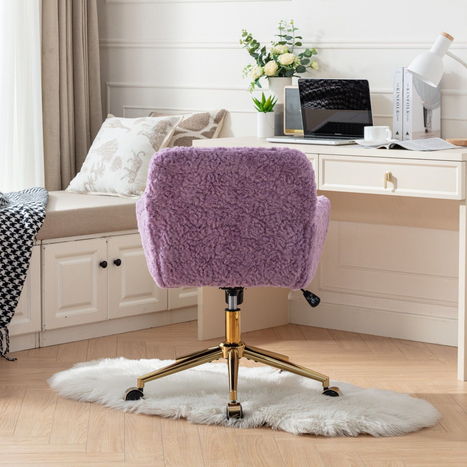 Office Chair, Artificial Rabbit Hair Home Office Chair With Metal Base, Adjustable Desk Chair Swivel Office Chair, Vanity Chair