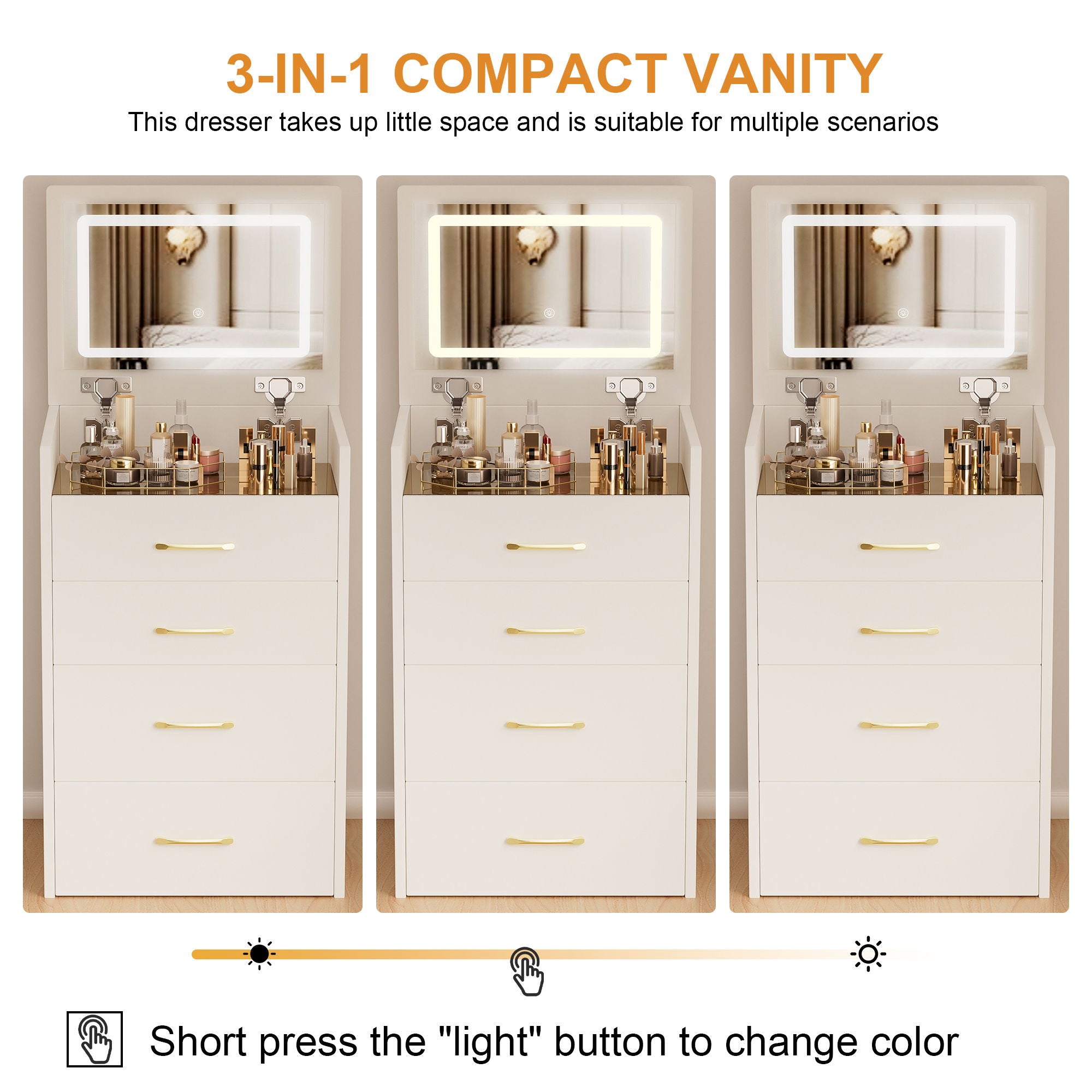 Compact 3 In 1 Vanity Desk With Open Top Mirror, Glass Desktop, 5 Height - White
