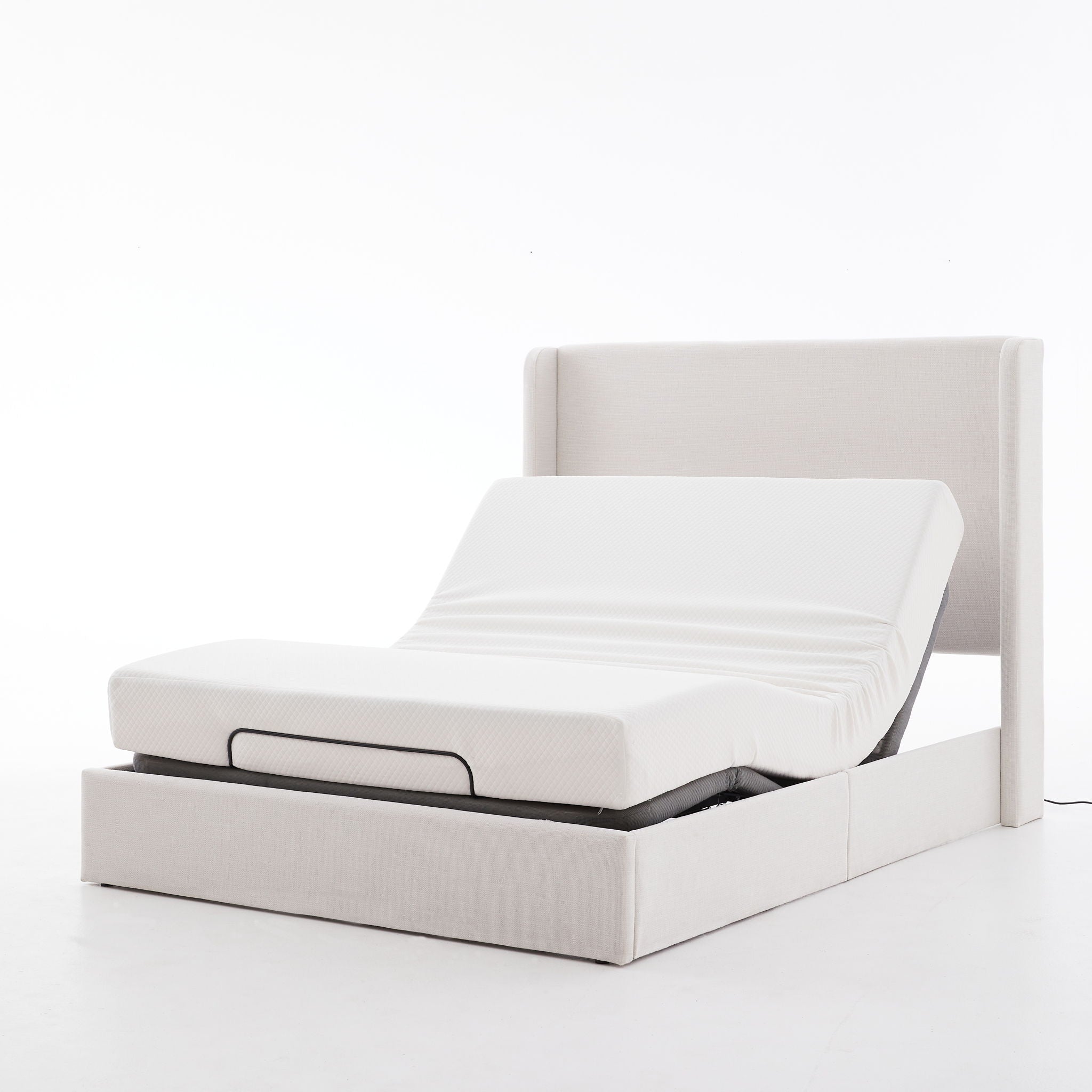 Caron - Queen Size Upholstered Wingback Bed With Adjustable Base Bundle Set - Ivory
