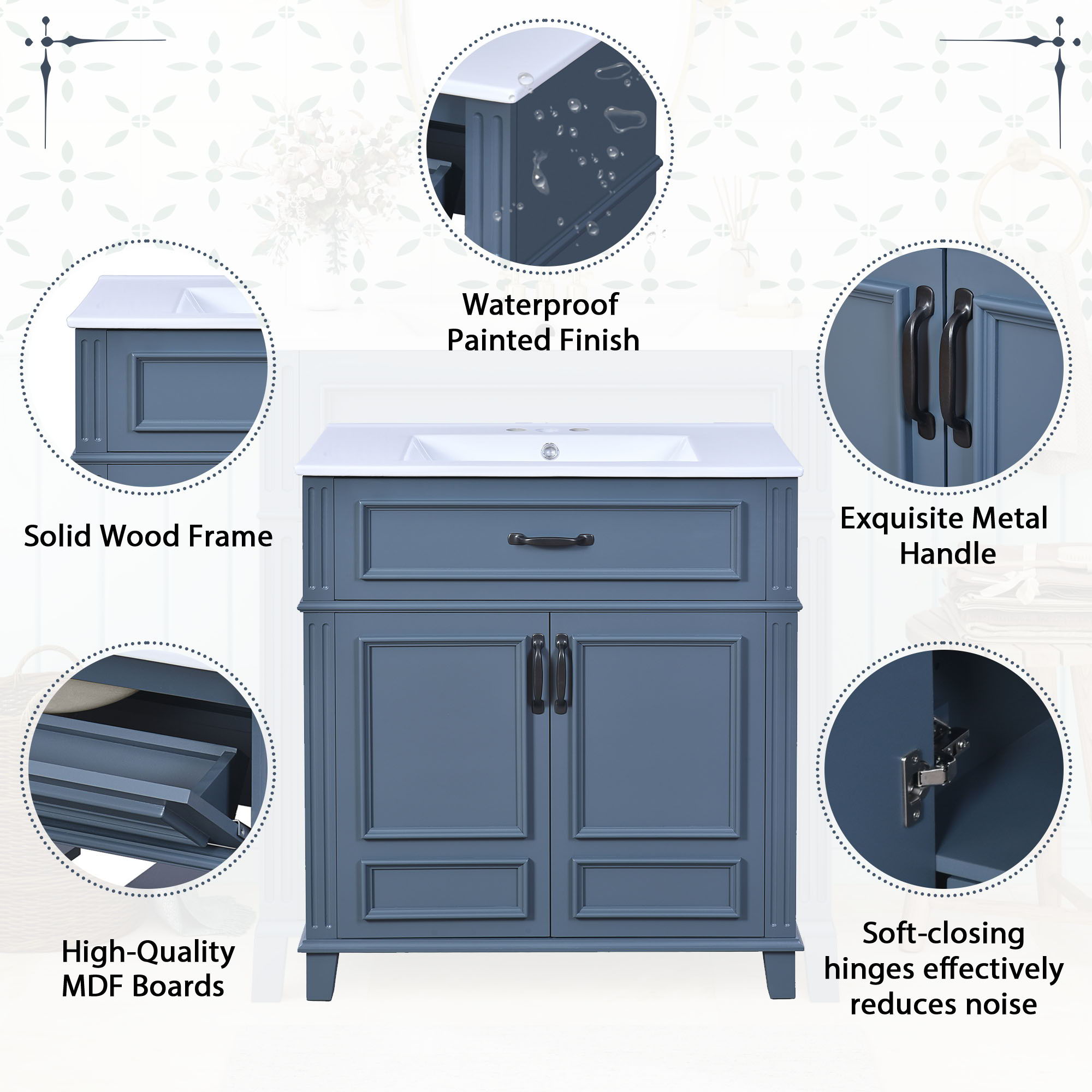 Bathroom Vanity With Sink Storage Cabinet - Blue