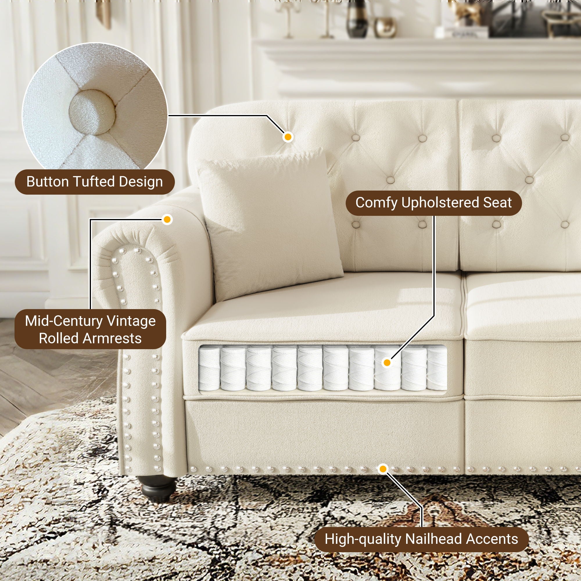 Upholstered Sofa With Nailhead Trim And Rolled Armrests