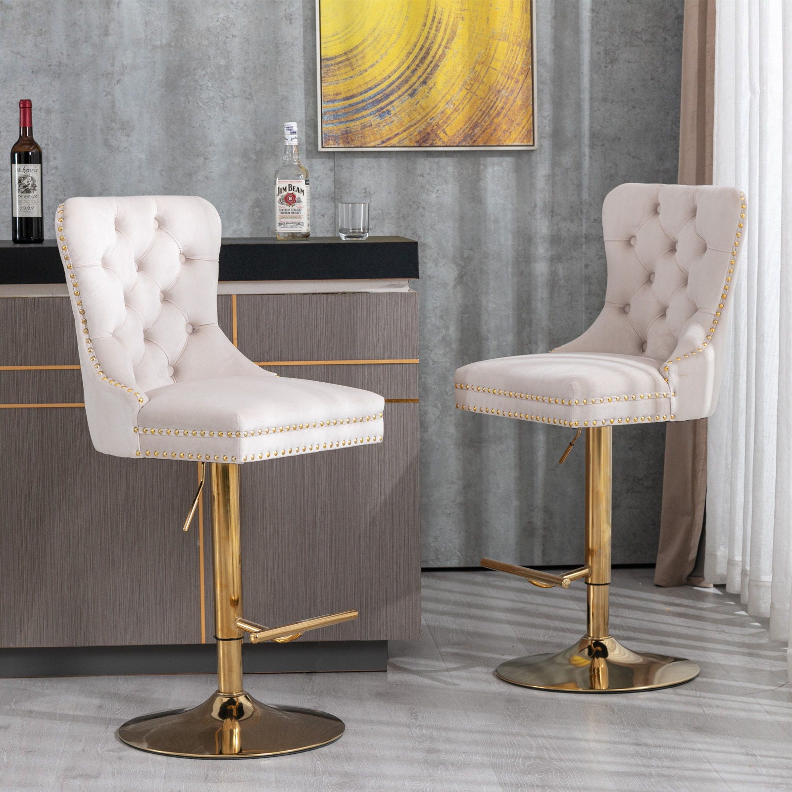 Thick Swivel Barstools Adjusatble Seat Height From 25-33", Modern Upholstered Bar Stools With Backs Comfortable Tufted For Home Pub And Kitchen Island (Set of 2)