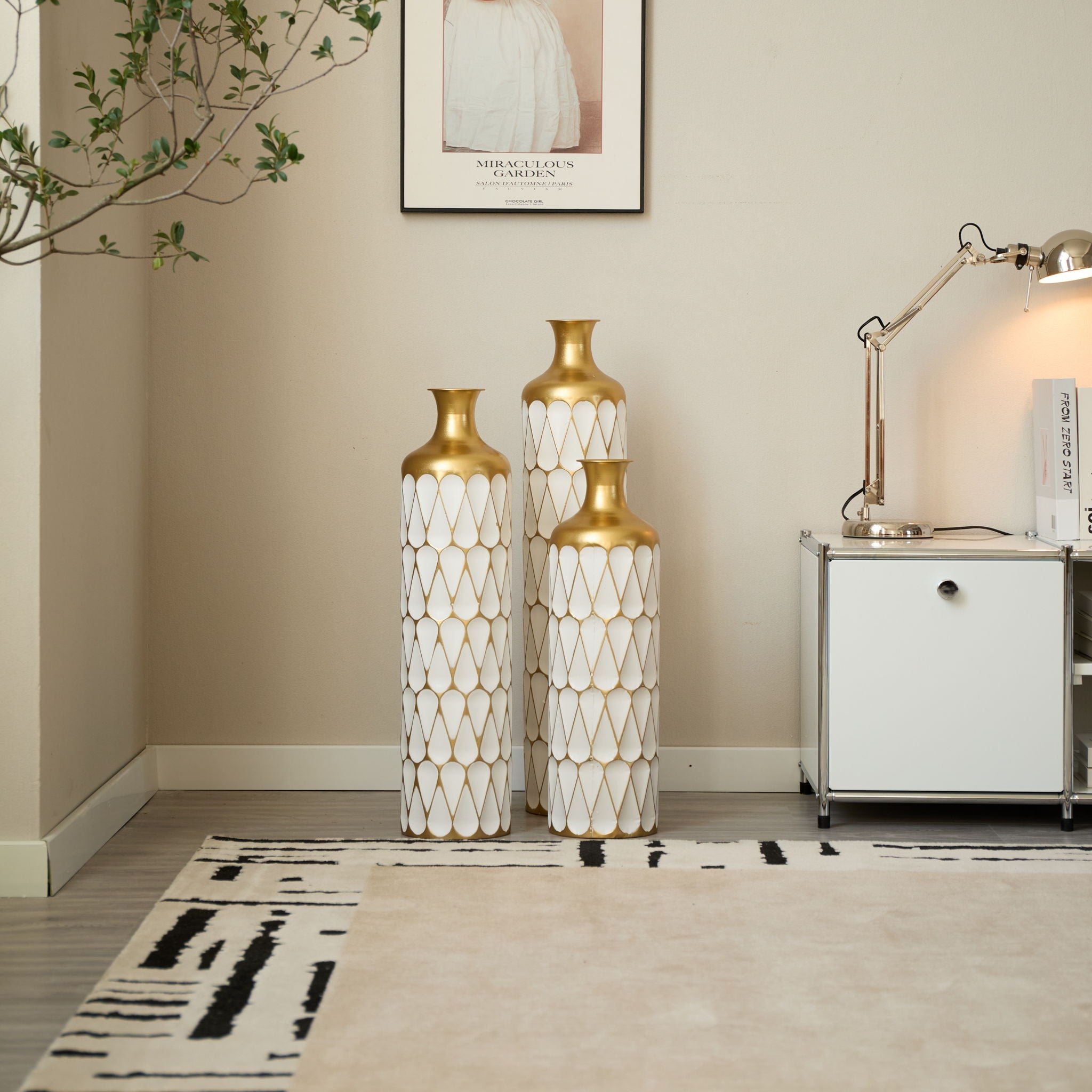 Floor Metal Vase Modern Style Decoration Home Droplet Shaped Metal Vase 3 Piece Set Gorgeous Home Decoration Large Glazed Metal Vase - Gold / White