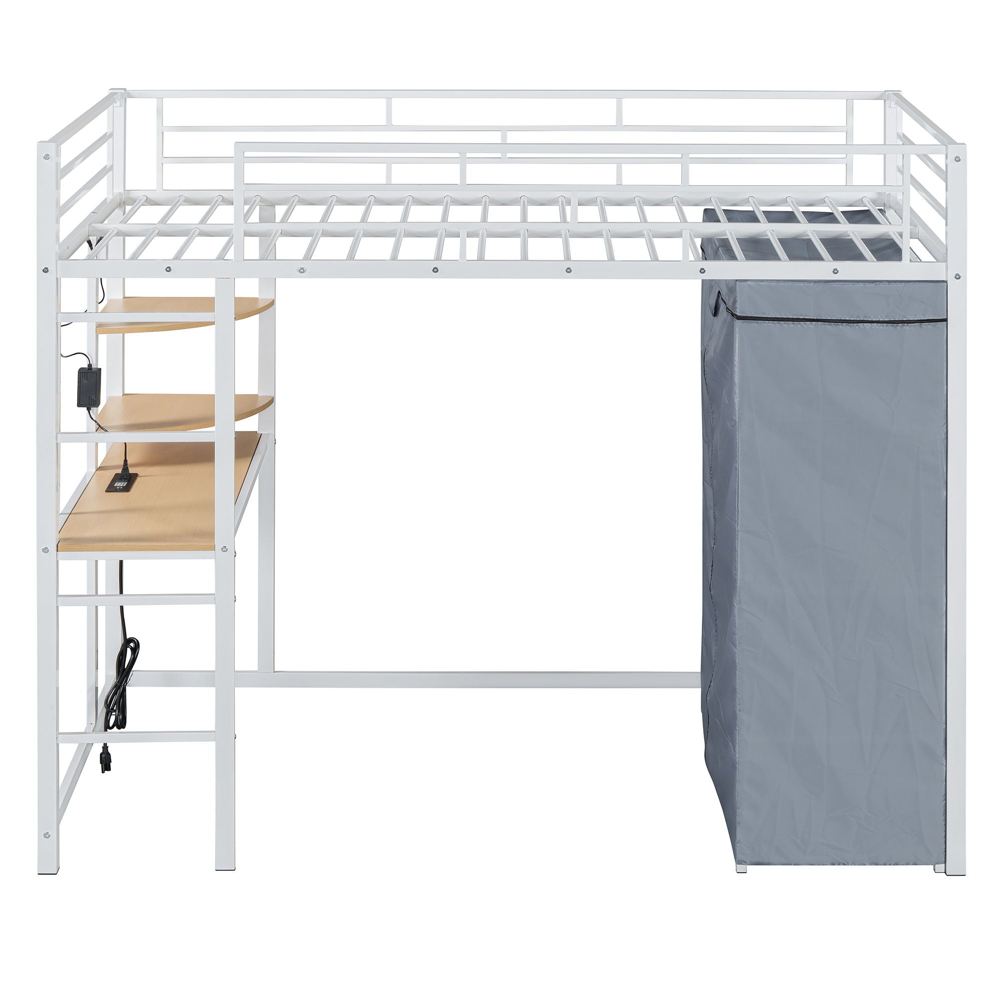 Loft Bed With Desk, Shelves, Power Outlet, LED Light And Wardrobe