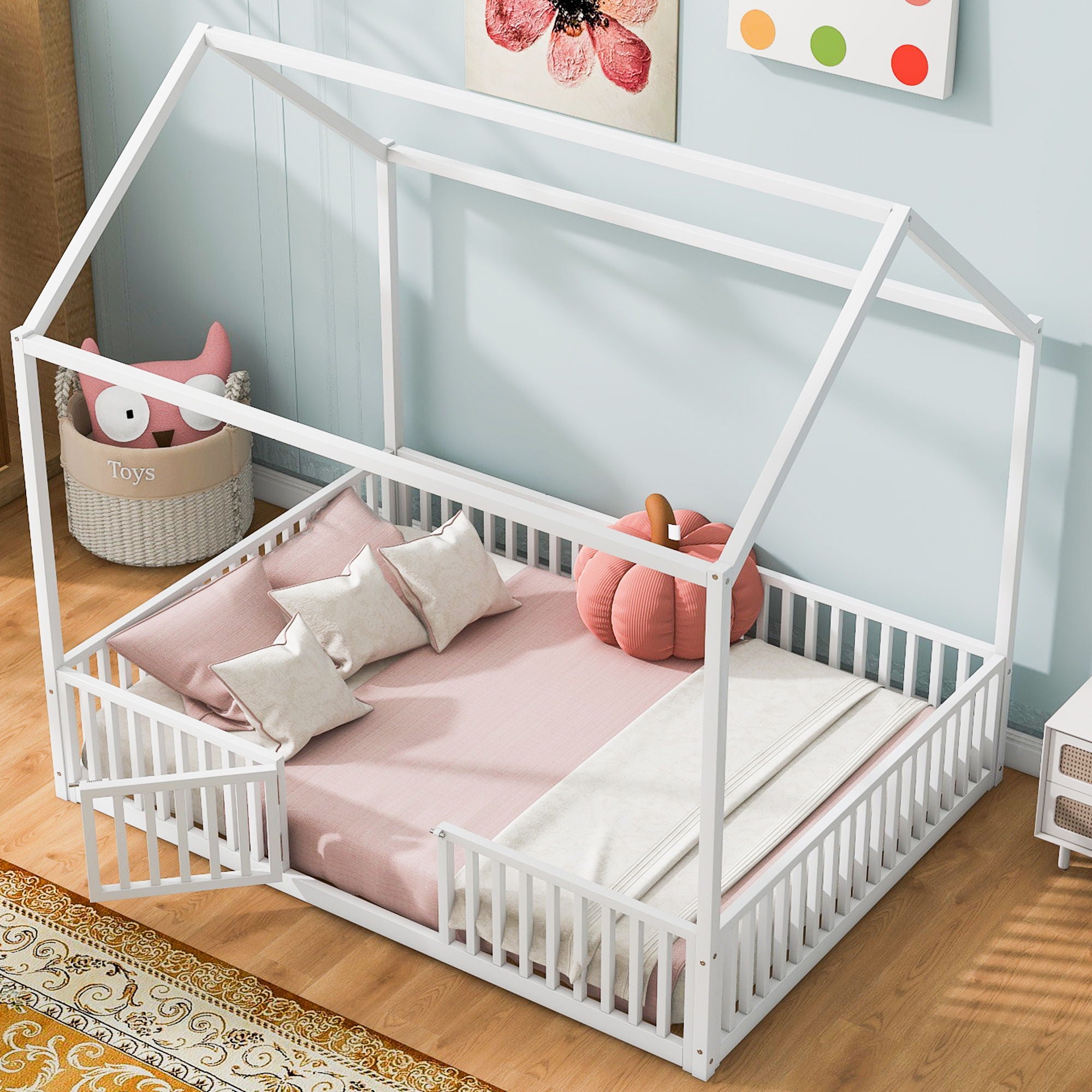 Metal House Bed With Fence And Door