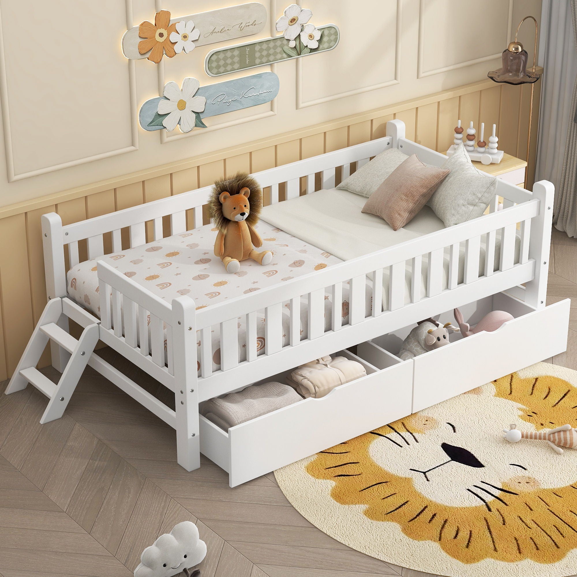 Platform Bed With Guardrail And 2 Drawers