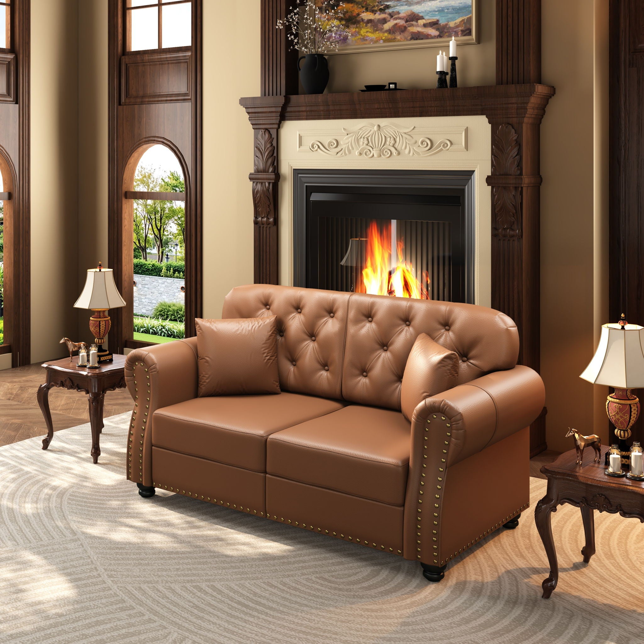 Upholstered Sofa With Nailhead Trim, Rolled Armrests With Ottoman