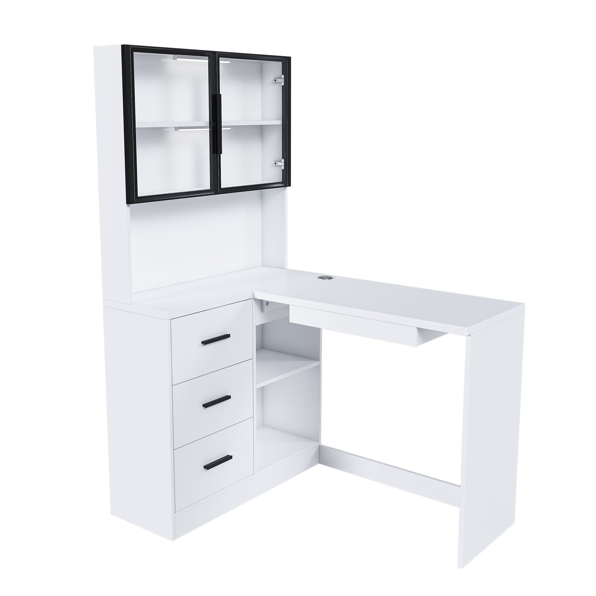 L-Shaped Computer Desk With Glass Cabinets, Built In LED Lights, USB Charging Ports