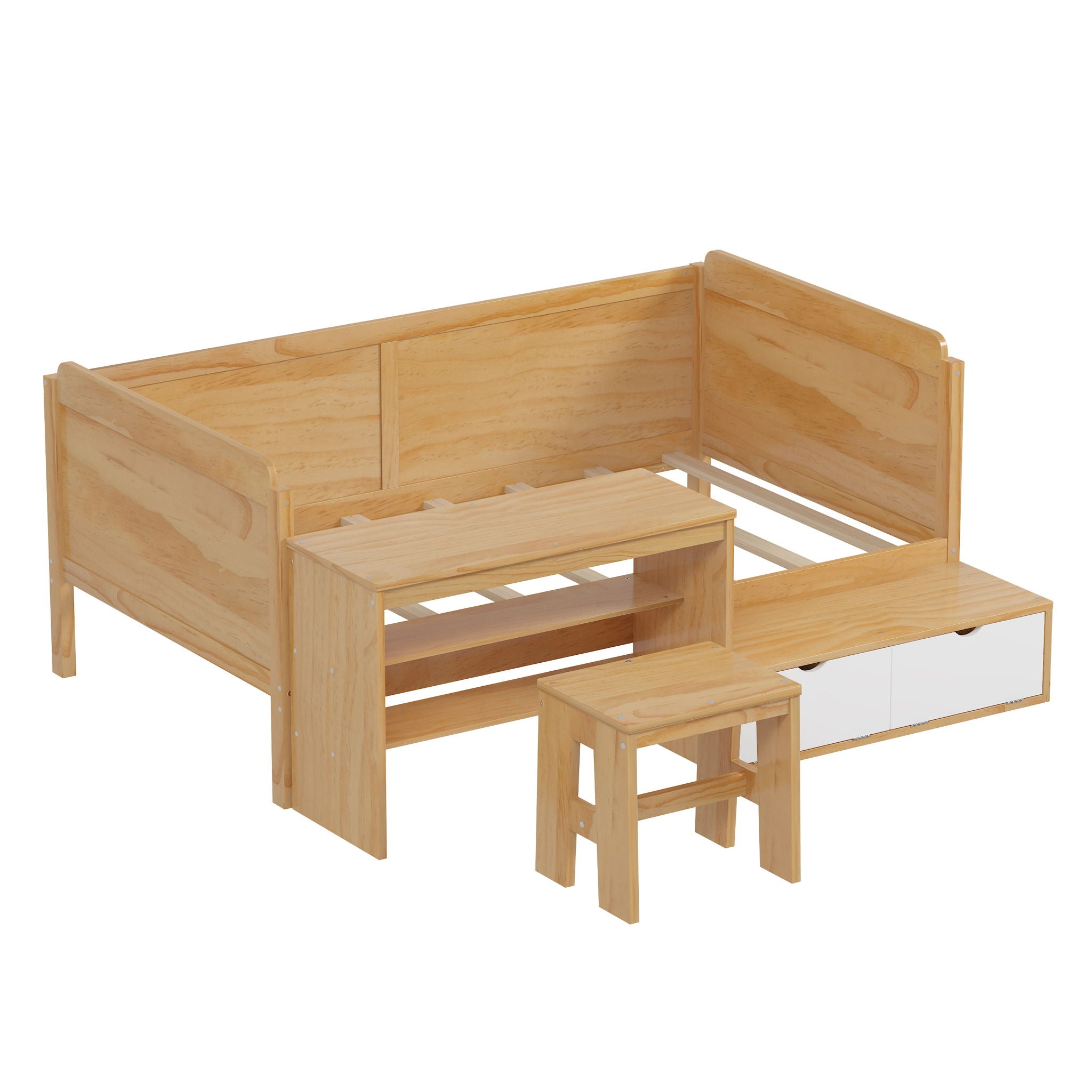 Daybed With Storage Shelves And Lockers, Multi Functional Bed With Study Desk And Matching Stool