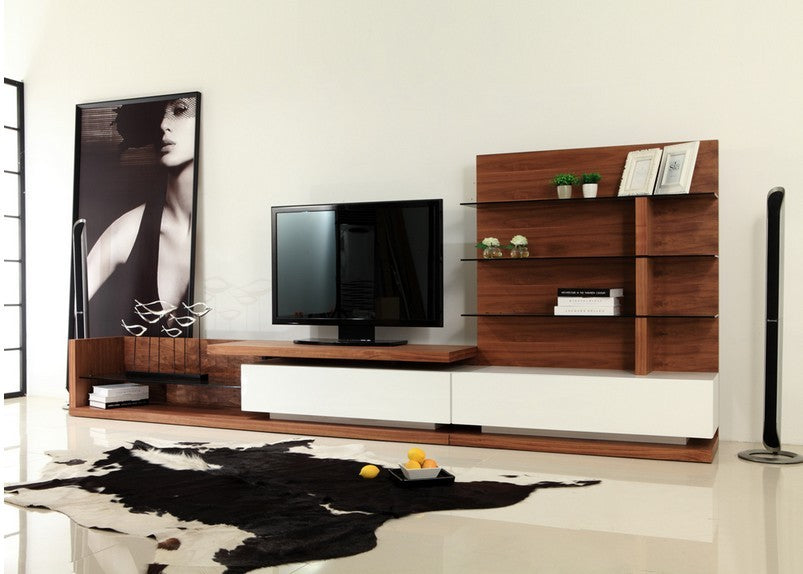 Modrest Jefferson Mid-Century Walnut and White High Gloss Entertainment Center