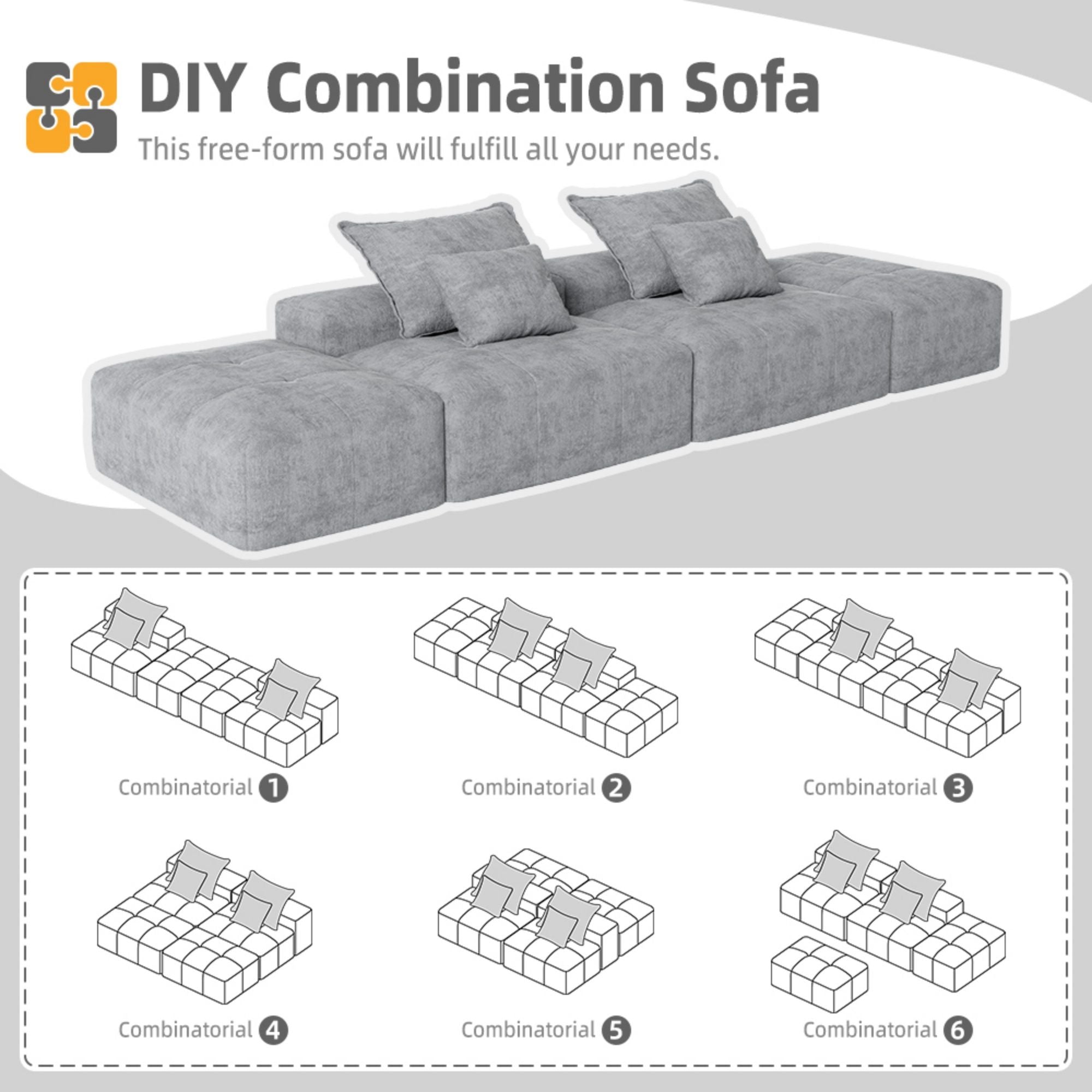 Modern Oversized Diy Combination Modular Sectional Sofa With Pillows