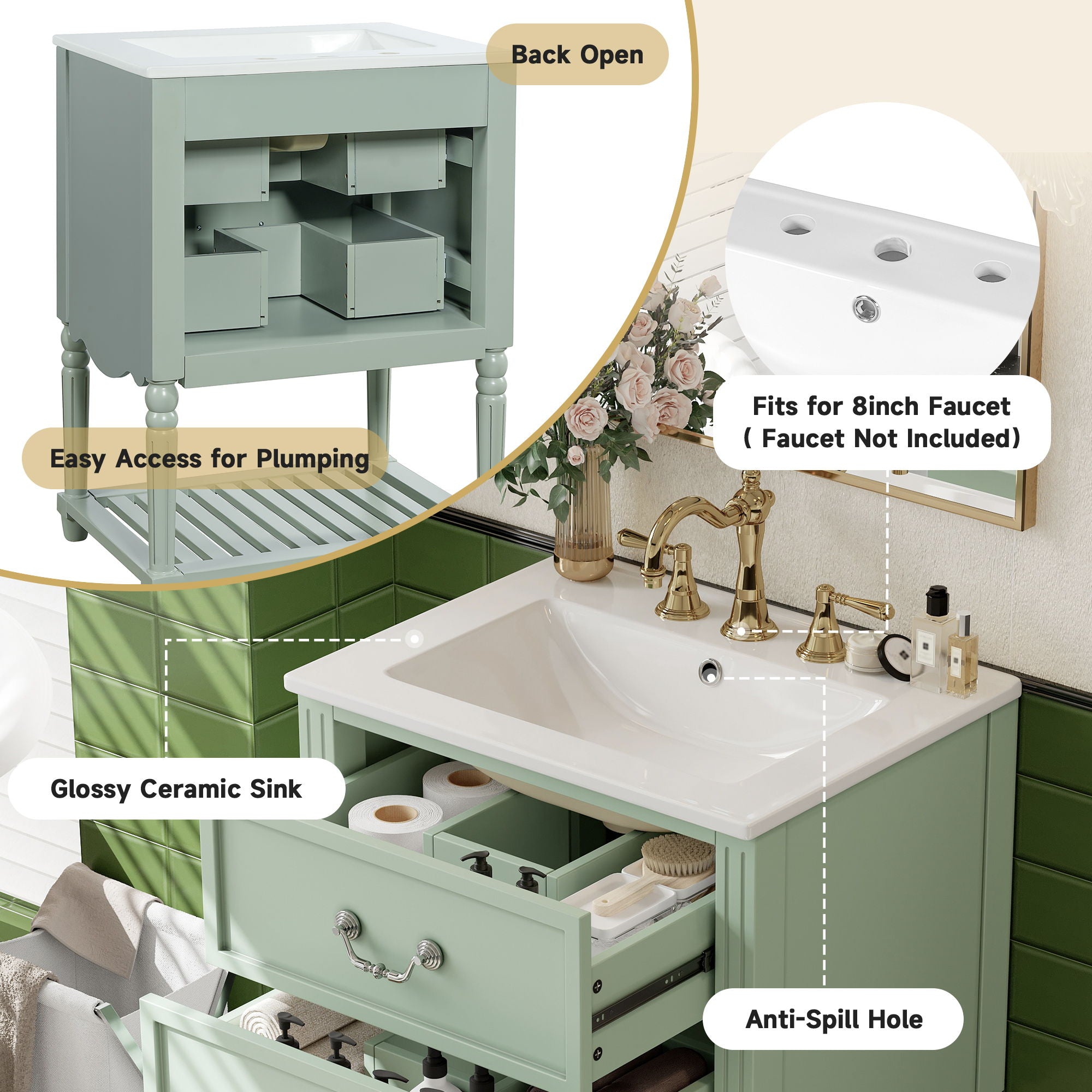 Wave Design Bathroom Vanity With Sink, 2 Drawers And Open Shelf