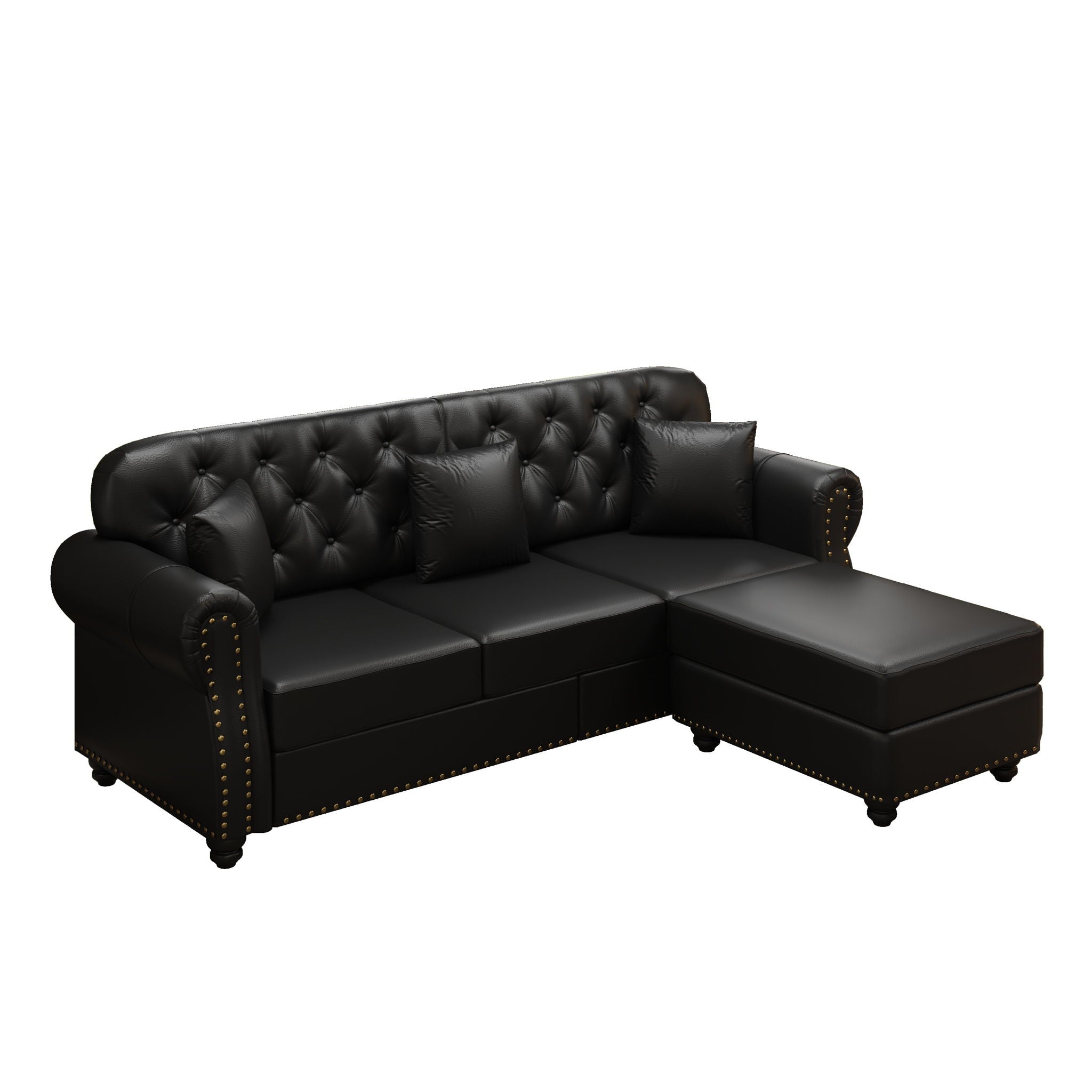 Upholstered Sofa With Nailhead Trim, Rolled Armrests With Ottoman