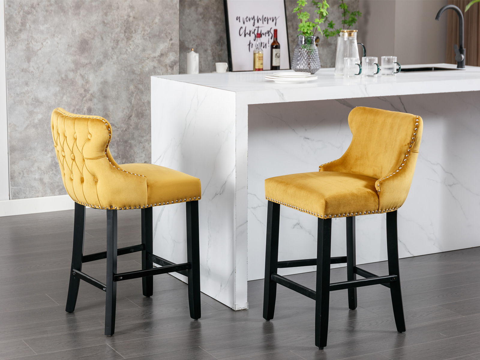 Contemporary Upholstered Wing-Back Barstools With Button Tufted Decoration And Wooden Legs, And Nailhead Trim, Leisure Style Bar Chairs, Bar Stools (Set of 2)