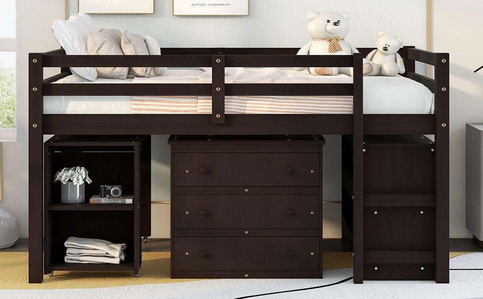 Loft Low Study Bed With Cabinet, Shelves And Rolling Portable Desk, Multiple Functions