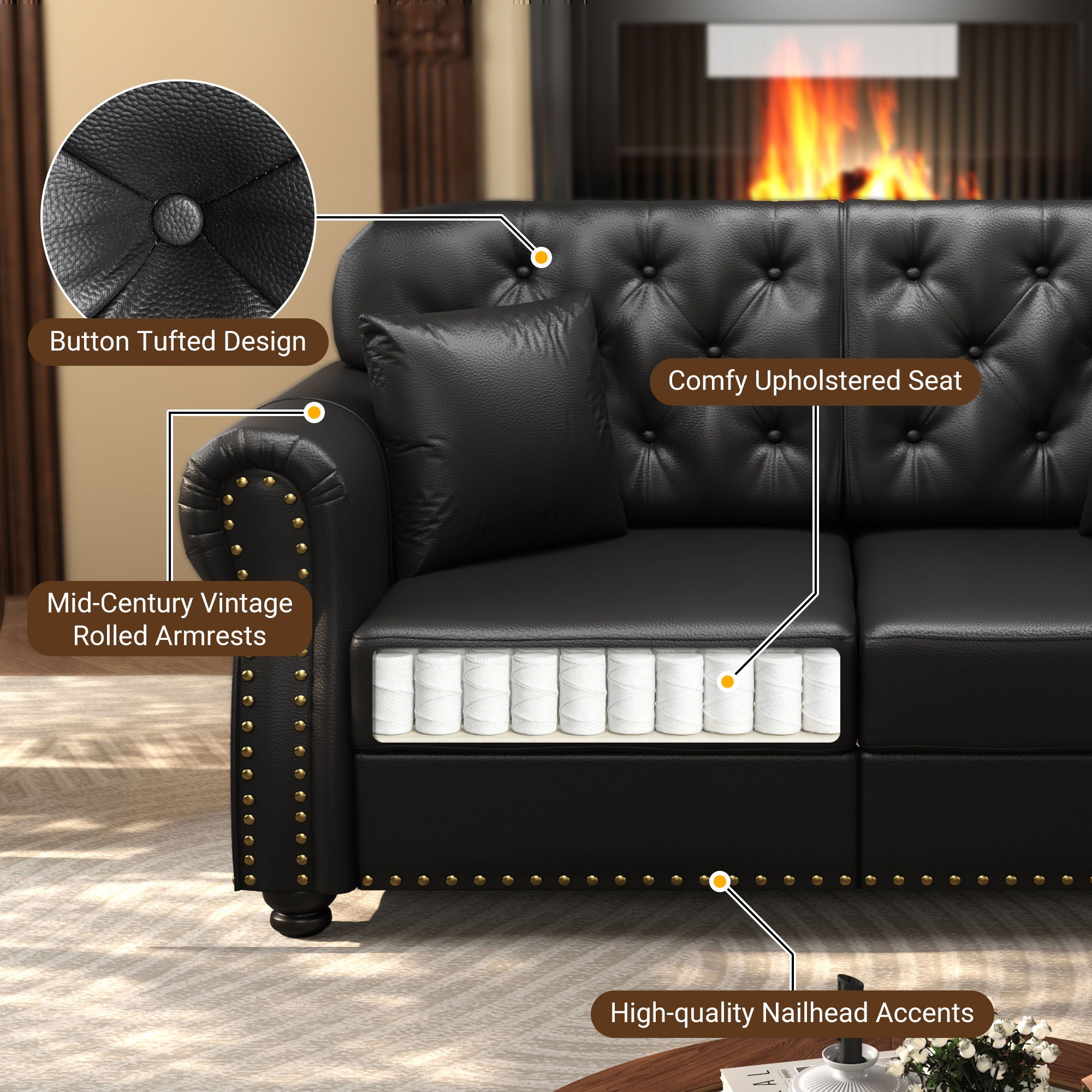 Sofa With Nailhead Trim And Rolled Armrests, Includes 1 Pillow - Black
